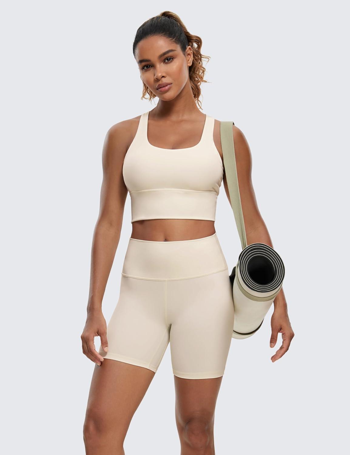 imageCRZ YOGA Naked Feeling Criss Cross Longline Sports Bras for Women Wirefree Padded Strappy Yoga Cropped TopsWhite Apricot