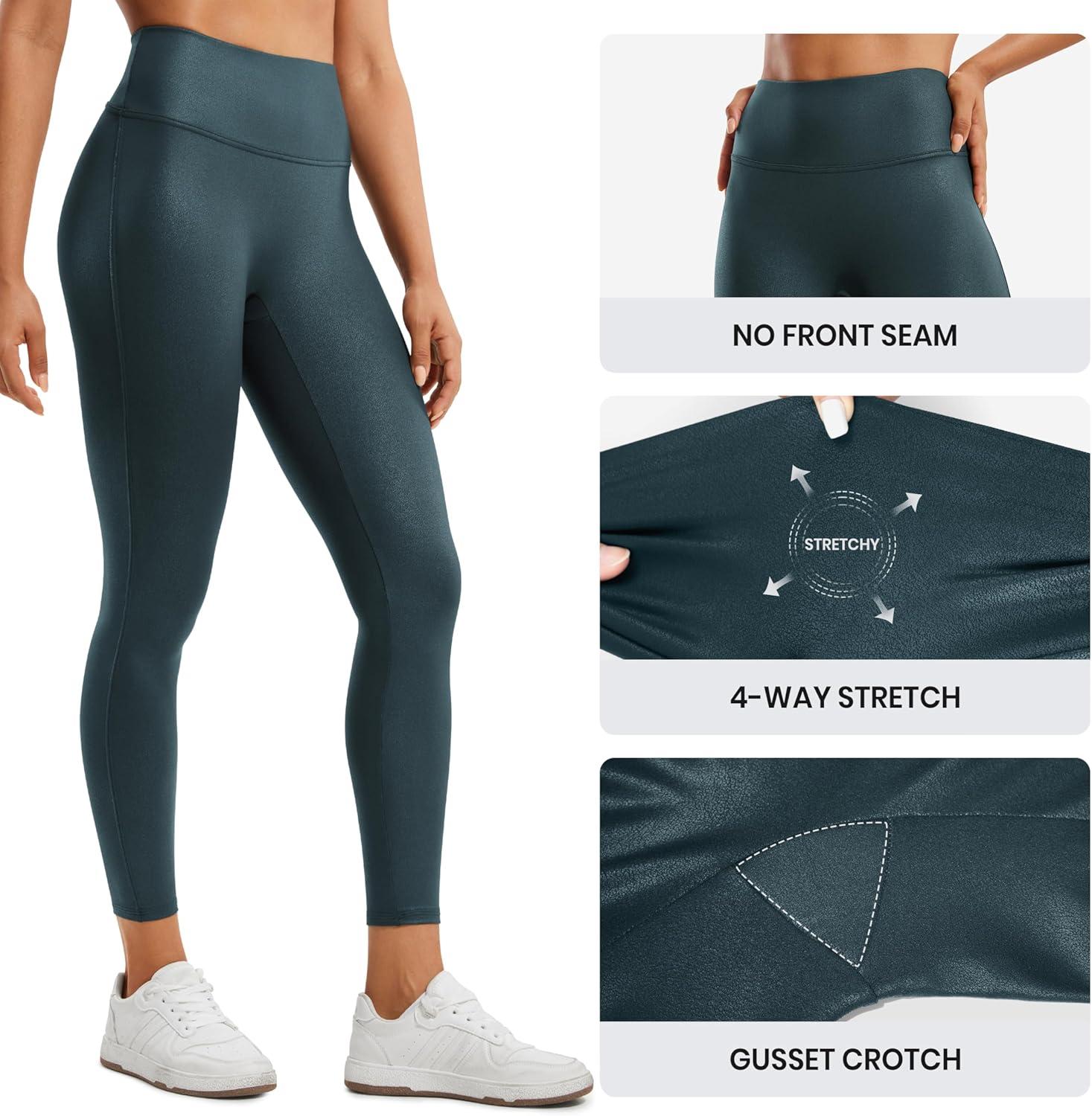 imageCRZ YOGA No Front Seam Faux Leather Leggings 25 Butterluxe Matte High Waist Stretch Tights Womens Pleather PantsForest Dark Green Foil Pattern