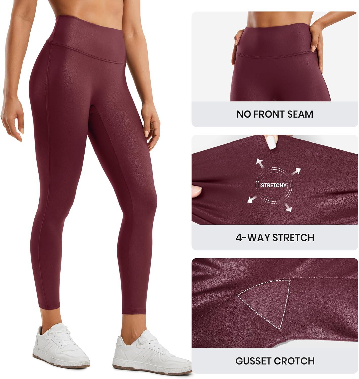 imageCRZ YOGA No Front Seam Faux Leather Leggings 25 Butterluxe Matte High Waist Stretch Tights Womens Pleather PantsRed Merlot Foil Pattern