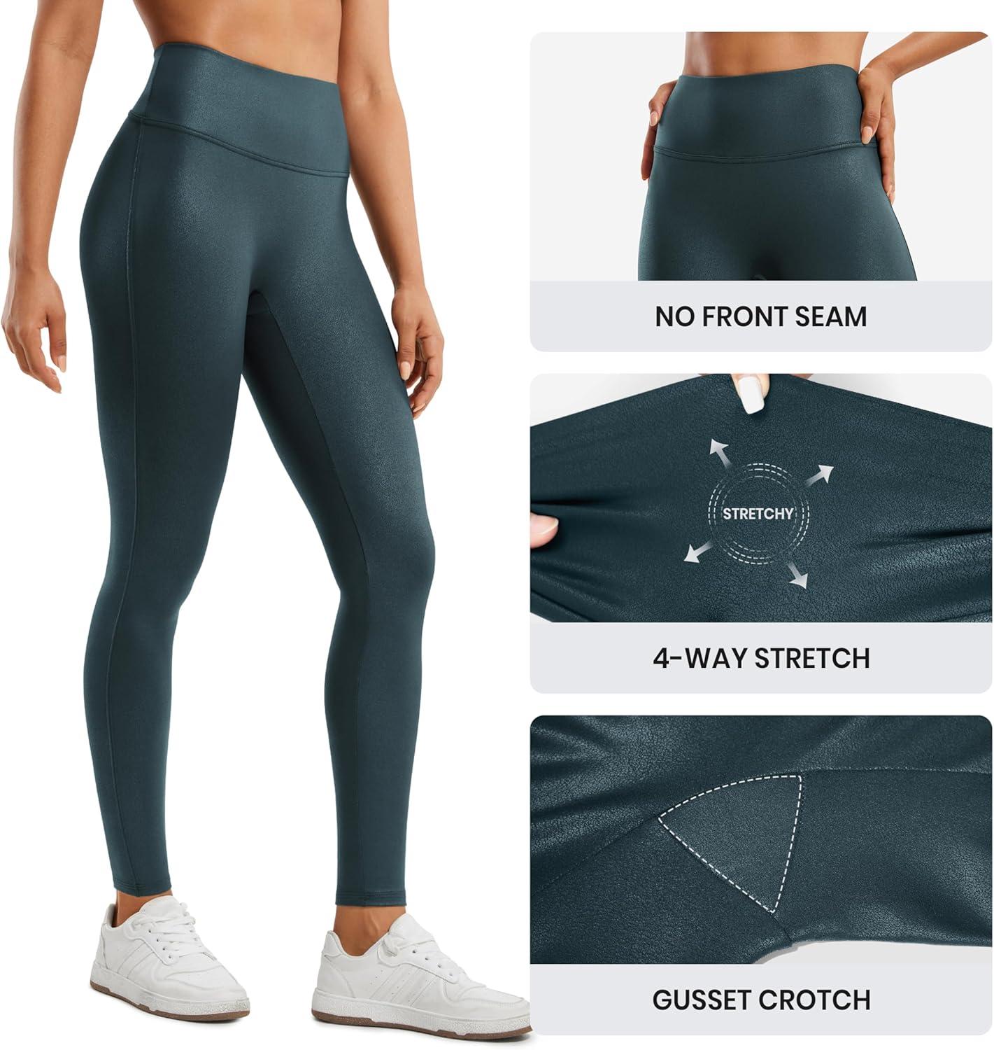 imageCRZ YOGA No Front Seam Faux Leather Leggings 28quot Butterluxe Matte High Waist Stretch Tights Womens Pleather PantsForest Dark Green Foil Pattern