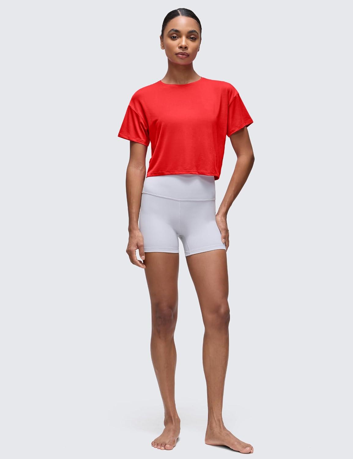 imageCRZ YOGA Open Back Short Sleeve Crop Top for Women Loose Athletic Yoga Workout Shirts Casual Cropped TShirtsDeep Red