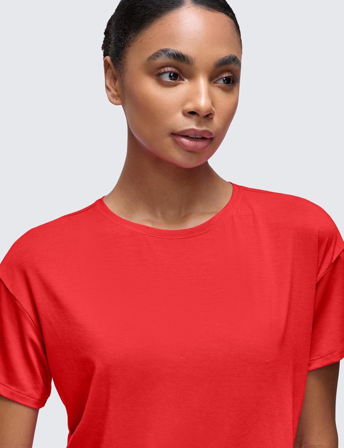 imageCRZ YOGA Open Back Short Sleeve Crop Top for Women Loose Athletic Yoga Workout Shirts Casual Cropped TShirtsDeep Red