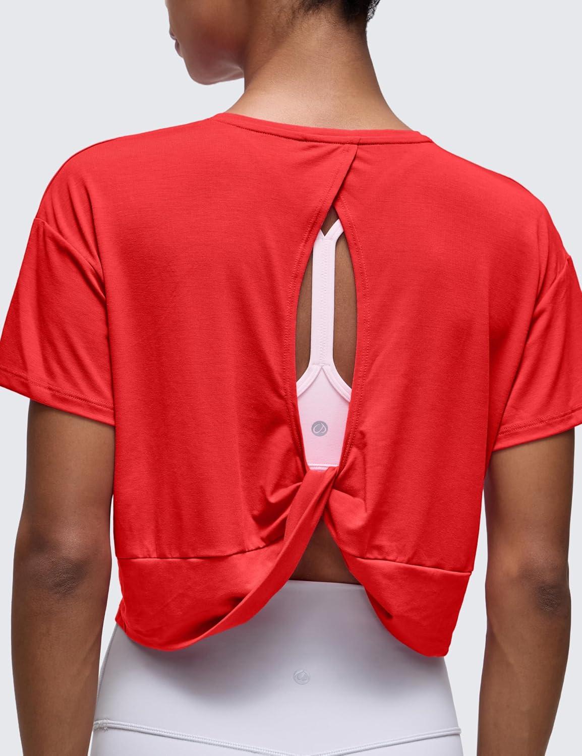 imageCRZ YOGA Open Back Short Sleeve Crop Top for Women Loose Athletic Yoga Workout Shirts Casual Cropped TShirtsDeep Red
