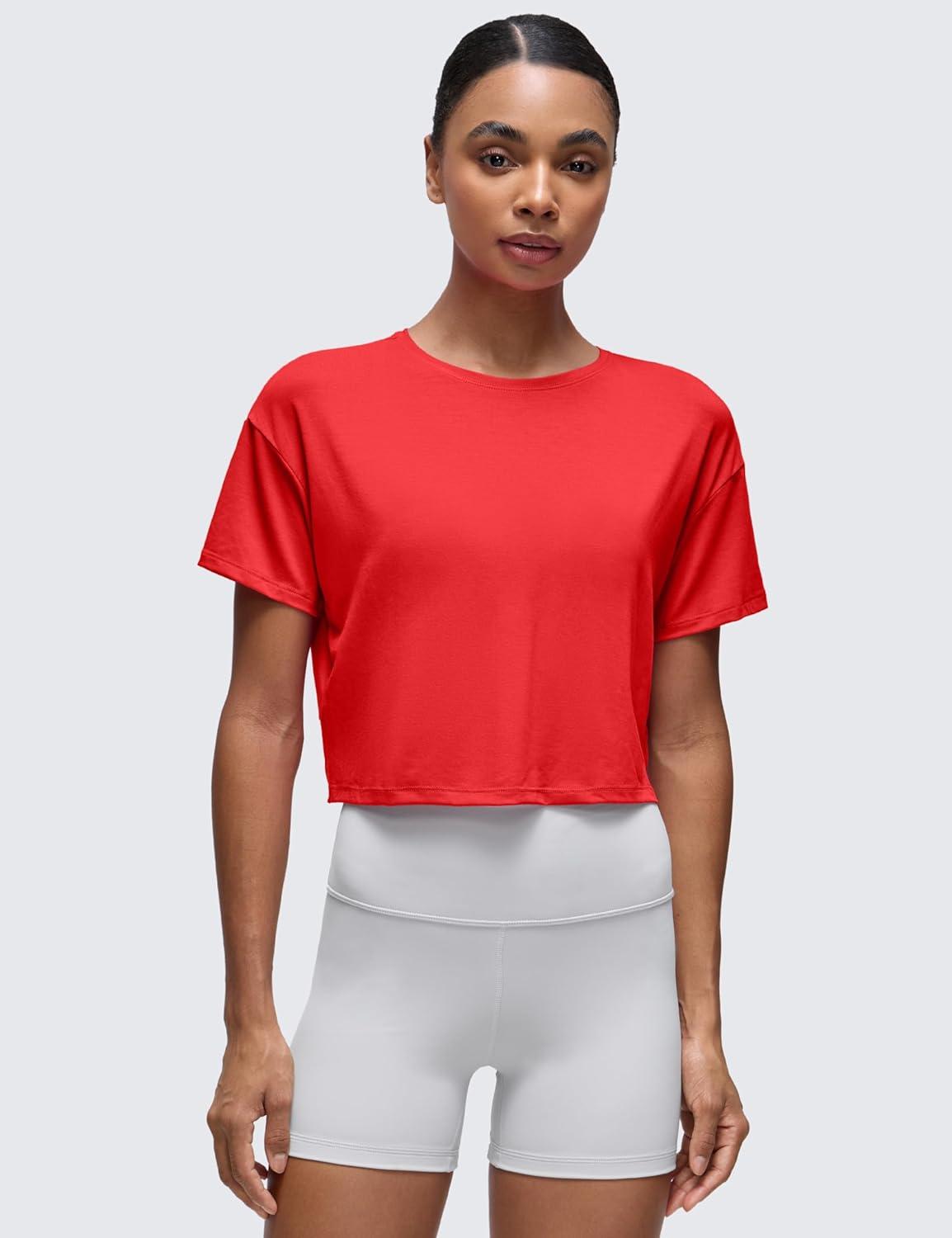 imageCRZ YOGA Open Back Short Sleeve Crop Top for Women Loose Athletic Yoga Workout Shirts Casual Cropped TShirtsDeep Red
