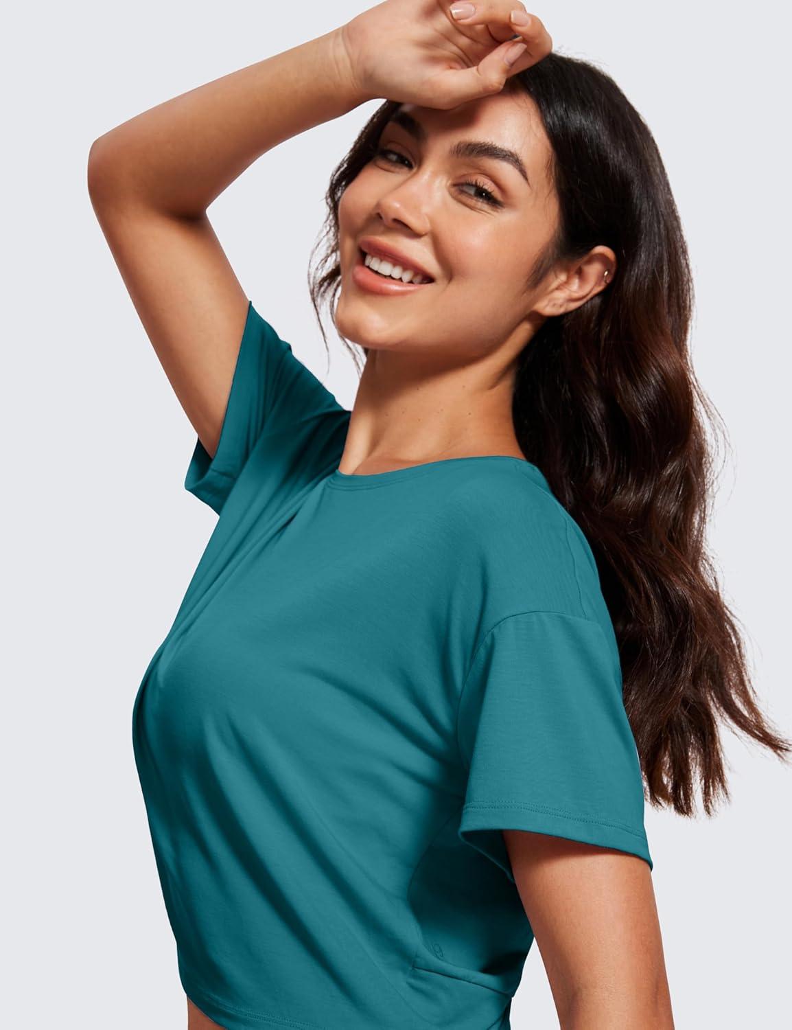 imageCRZ YOGA Open Back Short Sleeve Crop Top for Women Loose Athletic Yoga Workout Shirts Casual Cropped TShirtsGreen Jade
