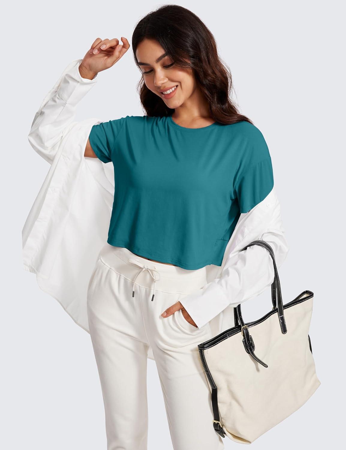 imageCRZ YOGA Open Back Short Sleeve Crop Top for Women Loose Athletic Yoga Workout Shirts Casual Cropped TShirtsGreen Jade