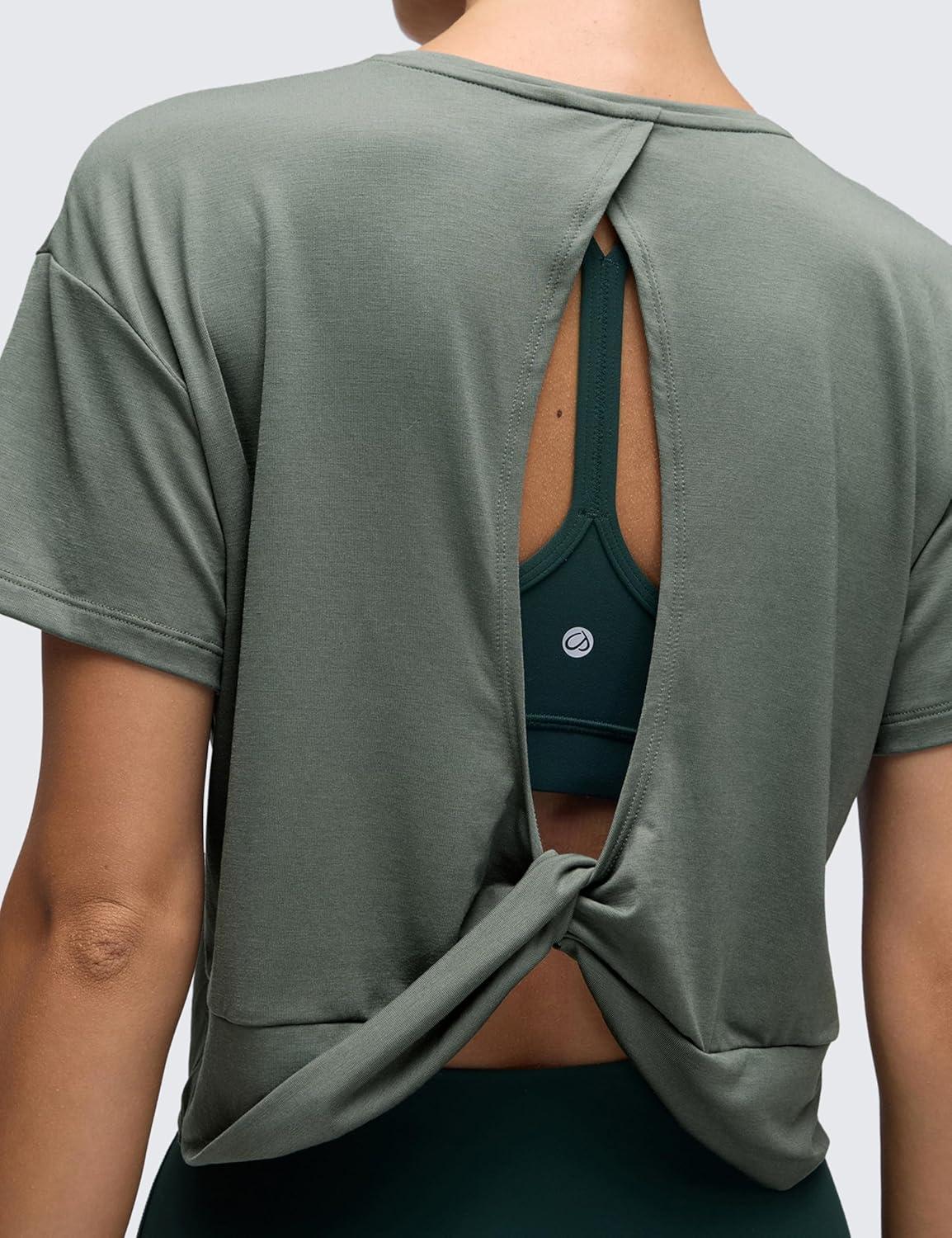 imageCRZ YOGA Open Back Short Sleeve Crop Top for Women Loose Athletic Yoga Workout Shirts Casual Cropped TShirtsGrey Sage