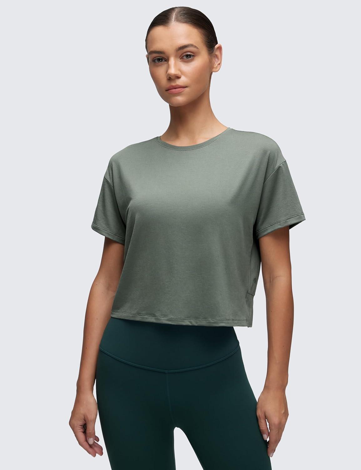 imageCRZ YOGA Open Back Short Sleeve Crop Top for Women Loose Athletic Yoga Workout Shirts Casual Cropped TShirtsGrey Sage