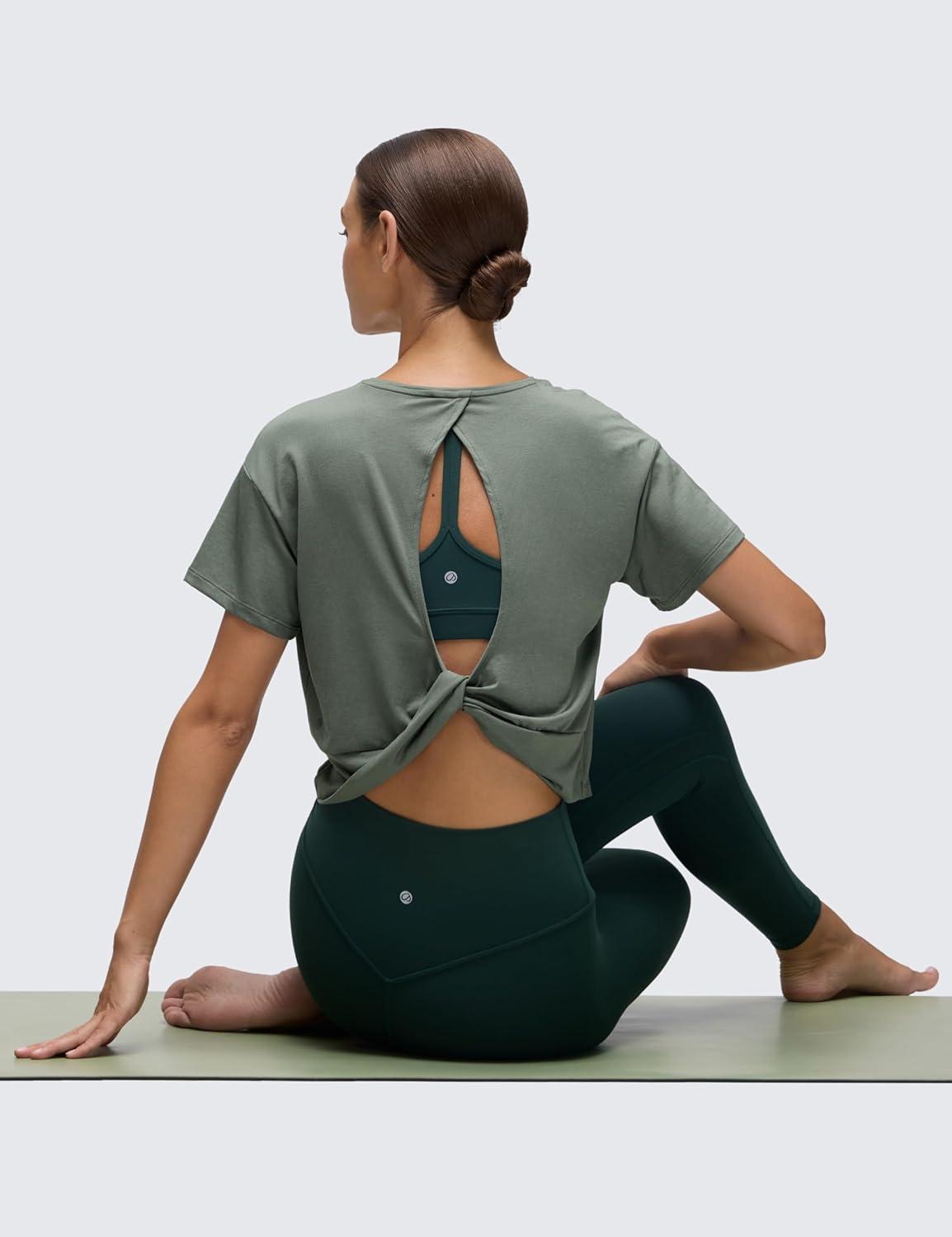 imageCRZ YOGA Open Back Short Sleeve Crop Top for Women Loose Athletic Yoga Workout Shirts Casual Cropped TShirtsGrey Sage