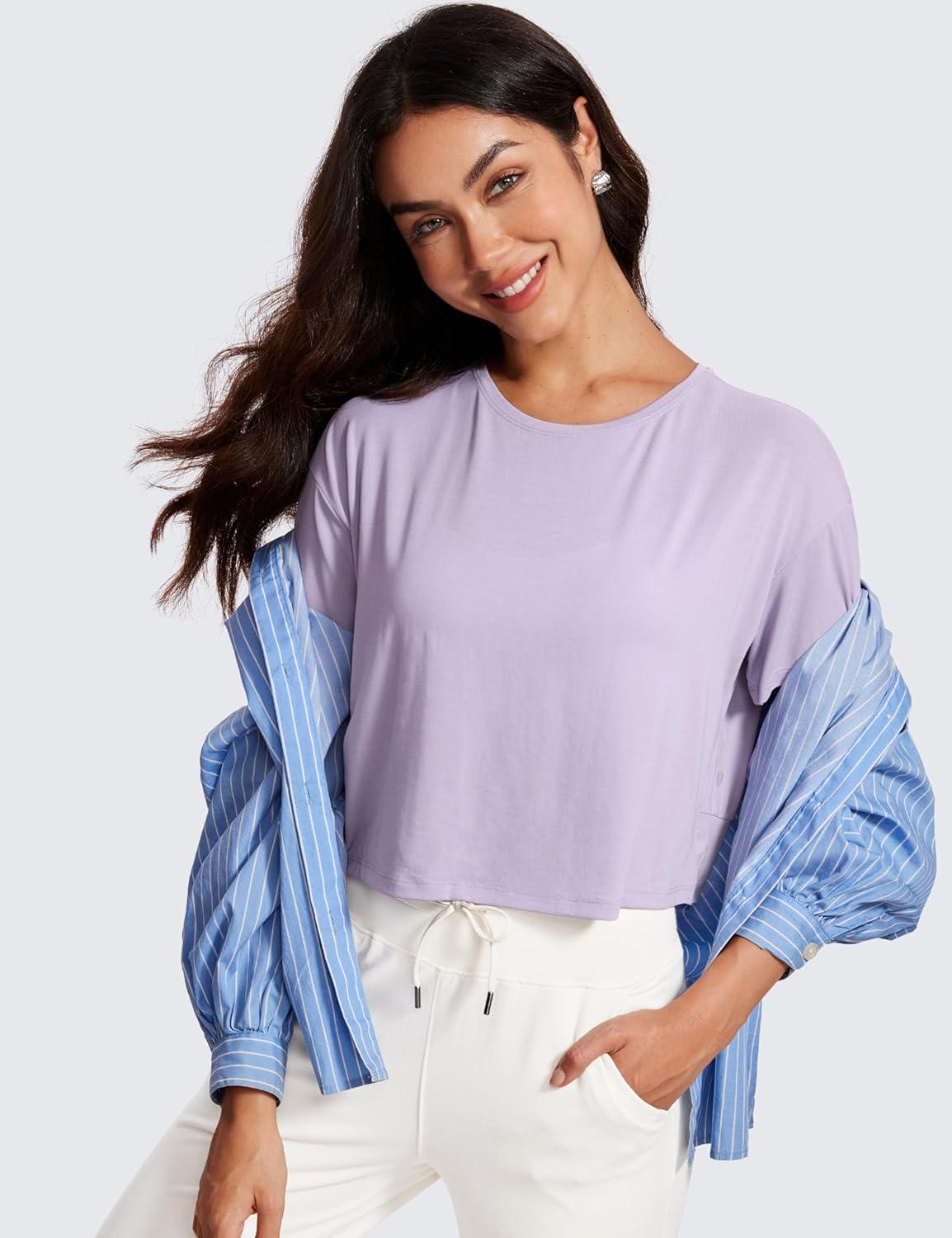 imageCRZ YOGA Open Back Short Sleeve Crop Top for Women Loose Athletic Yoga Workout Shirts Casual Cropped TShirtsLilac Lavender