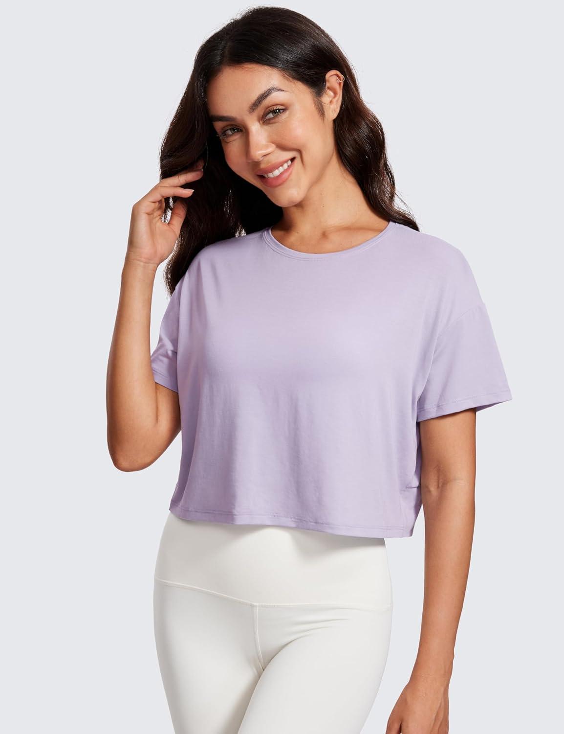 imageCRZ YOGA Open Back Short Sleeve Crop Top for Women Loose Athletic Yoga Workout Shirts Casual Cropped TShirtsLilac Lavender