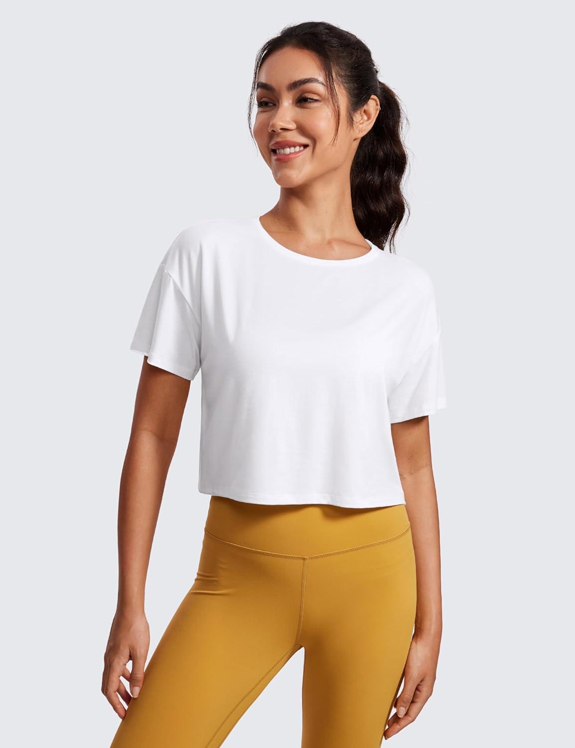 imageCRZ YOGA Open Back Short Sleeve Crop Top for Women Loose Athletic Yoga Workout Shirts Casual Cropped TShirtsWhite