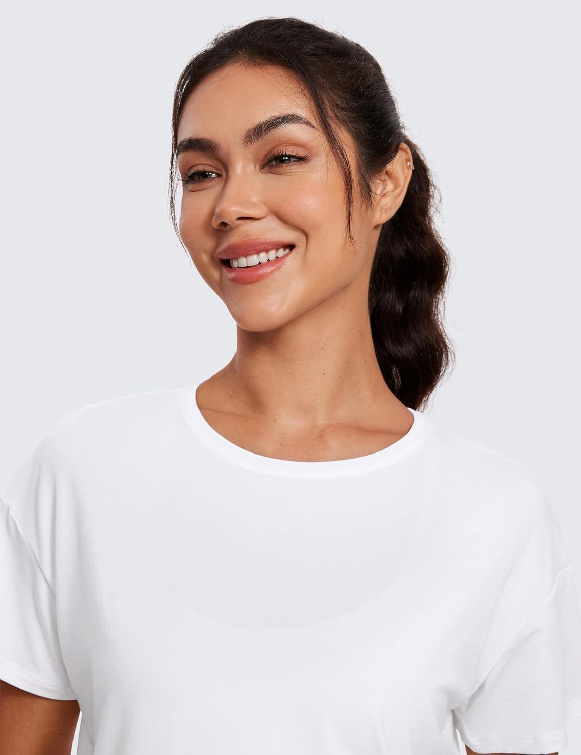 imageCRZ YOGA Open Back Short Sleeve Crop Top for Women Loose Athletic Yoga Workout Shirts Casual Cropped TShirtsWhite