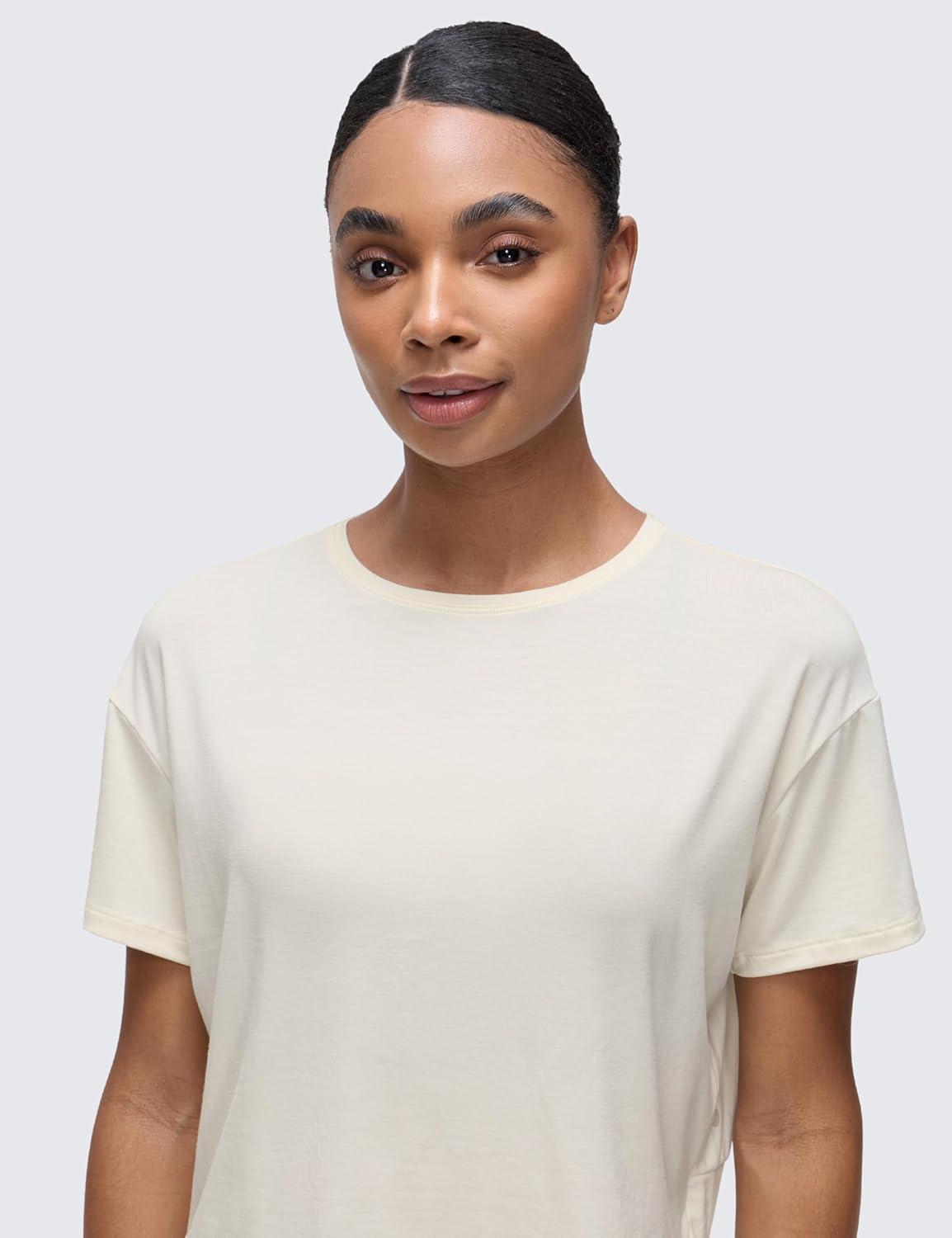 imageCRZ YOGA Open Back Short Sleeve Crop Top for Women Loose Athletic Yoga Workout Shirts Casual Cropped TShirtsWhite Apricot