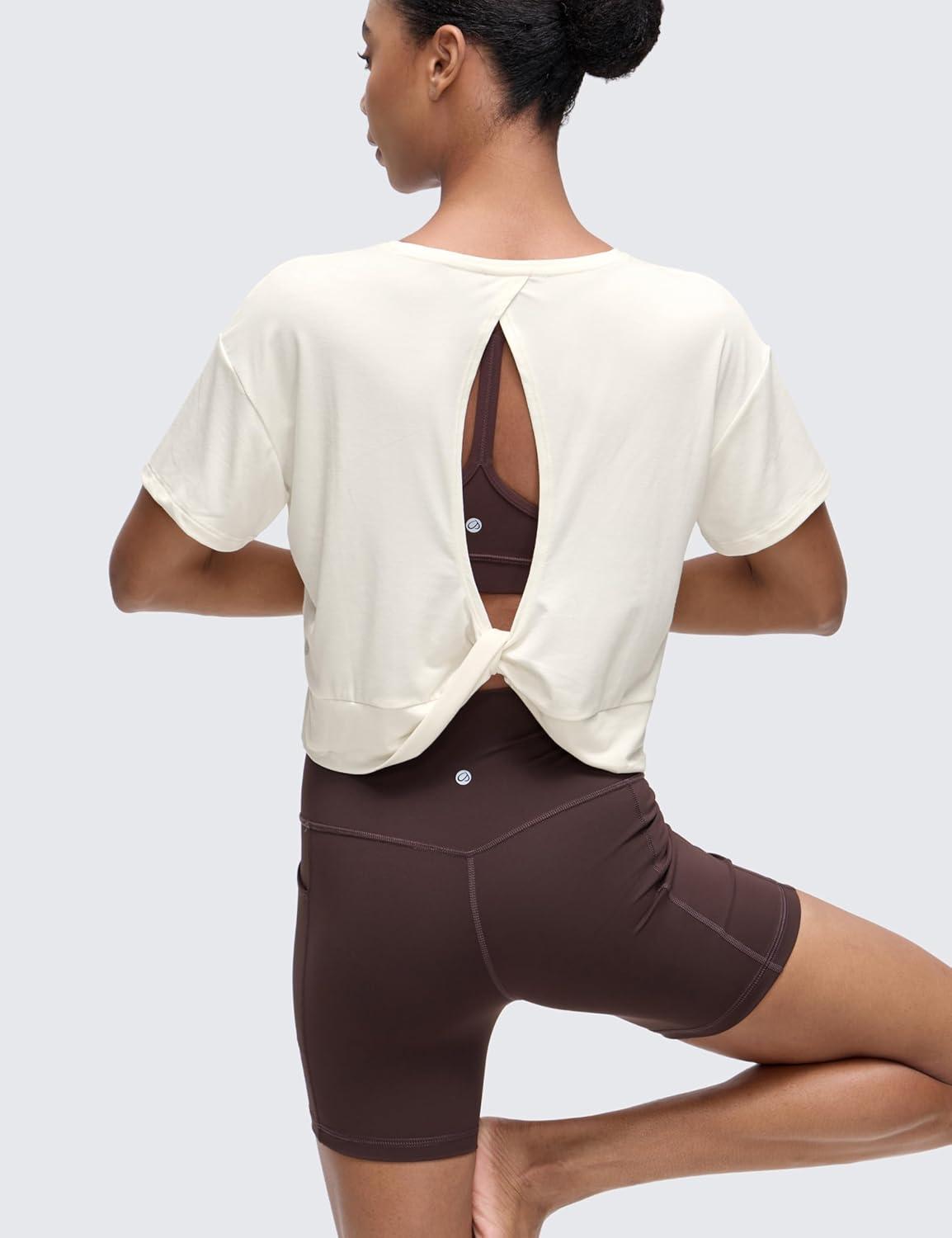 imageCRZ YOGA Open Back Short Sleeve Crop Top for Women Loose Athletic Yoga Workout Shirts Casual Cropped TShirtsWhite Apricot