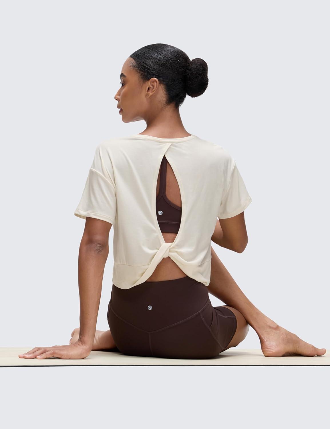 imageCRZ YOGA Open Back Short Sleeve Crop Top for Women Loose Athletic Yoga Workout Shirts Casual Cropped TShirtsWhite Apricot