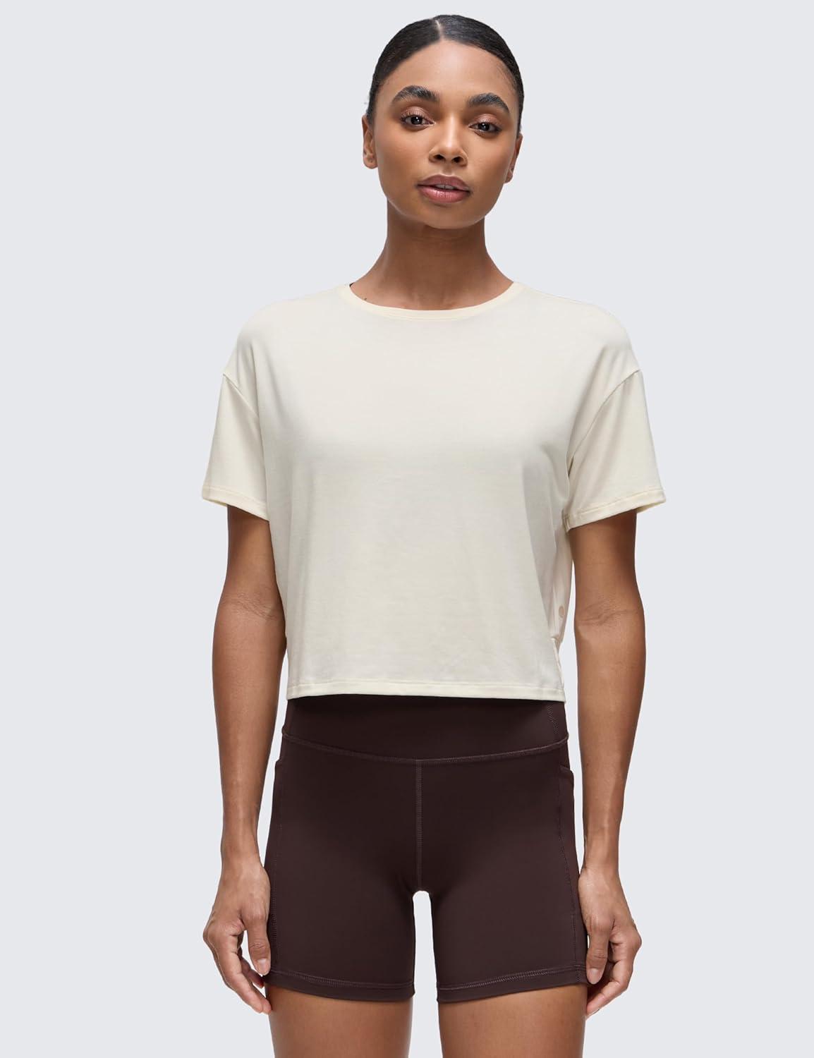 imageCRZ YOGA Open Back Short Sleeve Crop Top for Women Loose Athletic Yoga Workout Shirts Casual Cropped TShirtsWhite Apricot