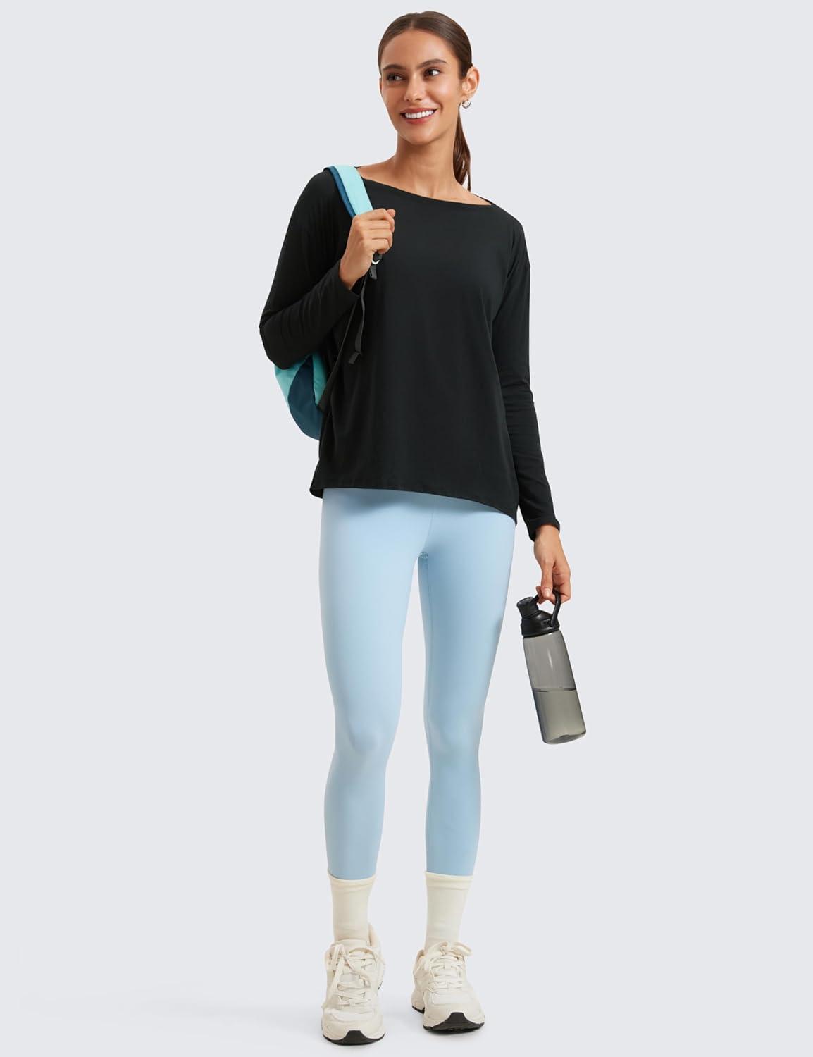 imageCRZ YOGA Pima Cotton Boat Neck Long Sleeve Shirts for Women Workout Athletic Yoga Casual Tops Loose Fit Fall TShirtsBlack