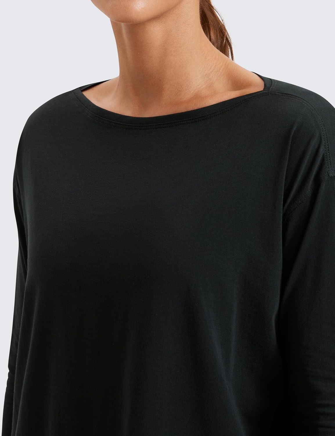 imageCRZ YOGA Pima Cotton Boat Neck Long Sleeve Shirts for Women Workout Athletic Yoga Casual Tops Loose Fit Fall TShirtsBlack