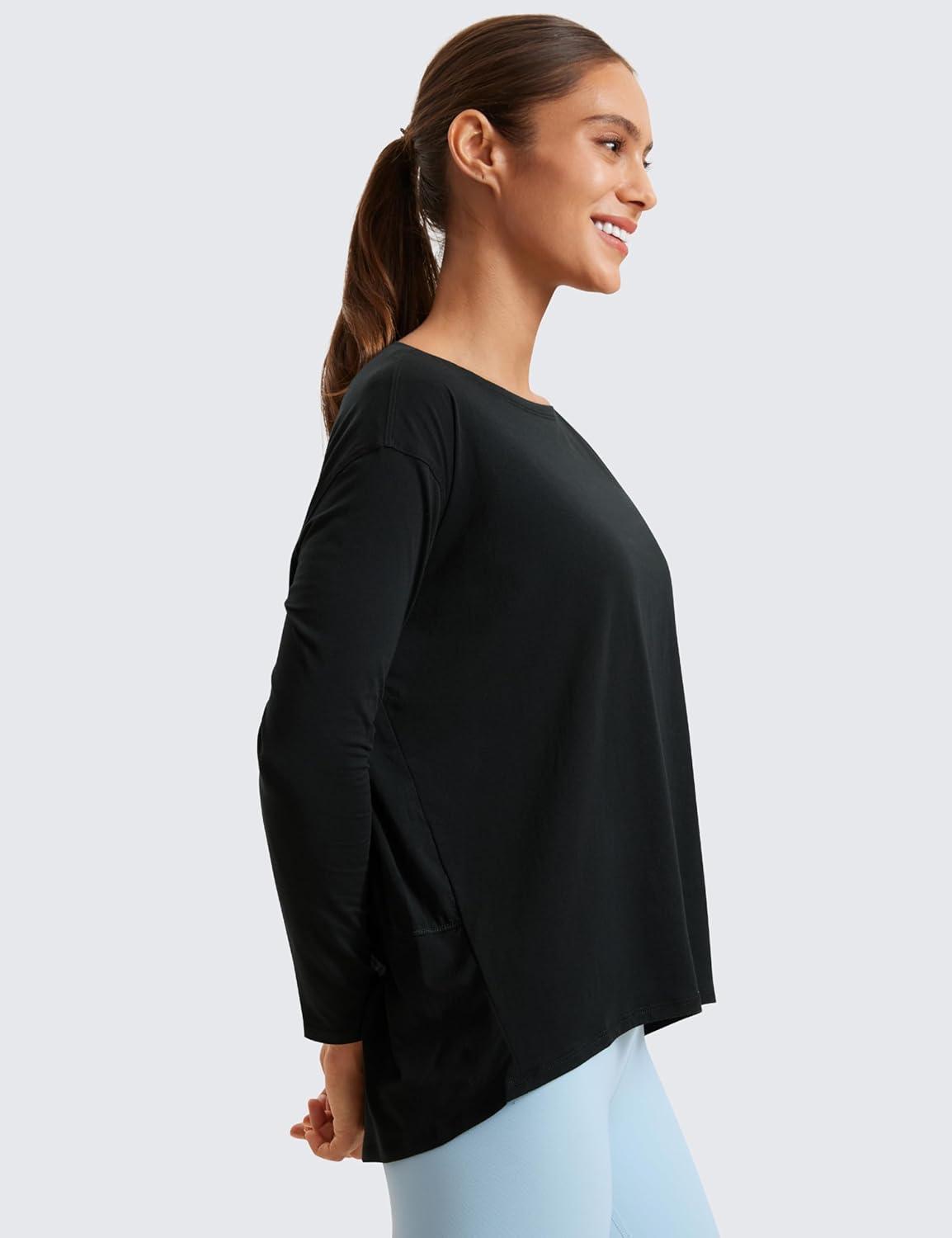 imageCRZ YOGA Pima Cotton Boat Neck Long Sleeve Shirts for Women Workout Athletic Yoga Casual Tops Loose Fit Fall TShirtsBlack