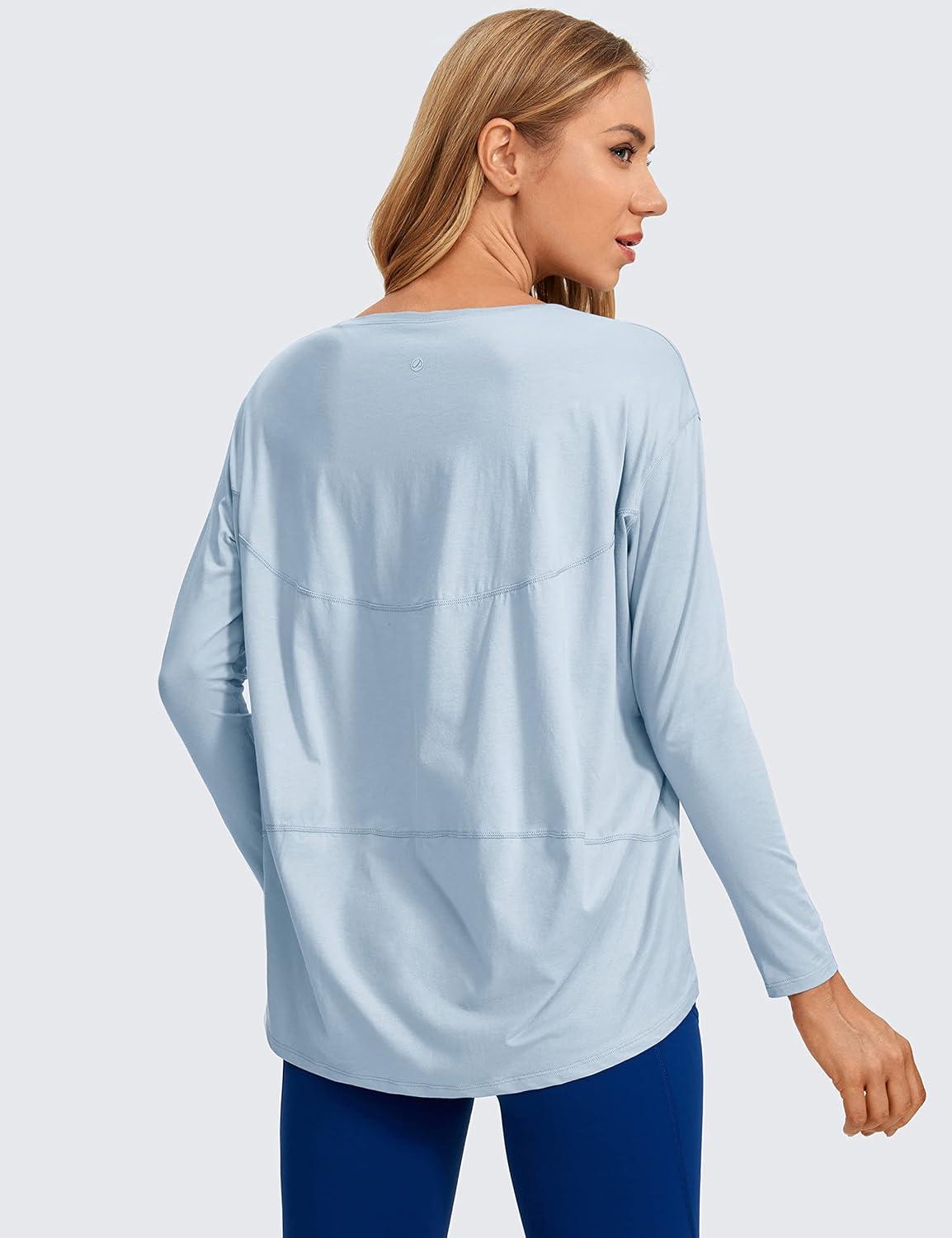 imageCRZ YOGA Pima Cotton Boat Neck Long Sleeve Shirts for Women Workout Athletic Yoga Casual Tops Loose Fit Fall TShirtsBlue Linen