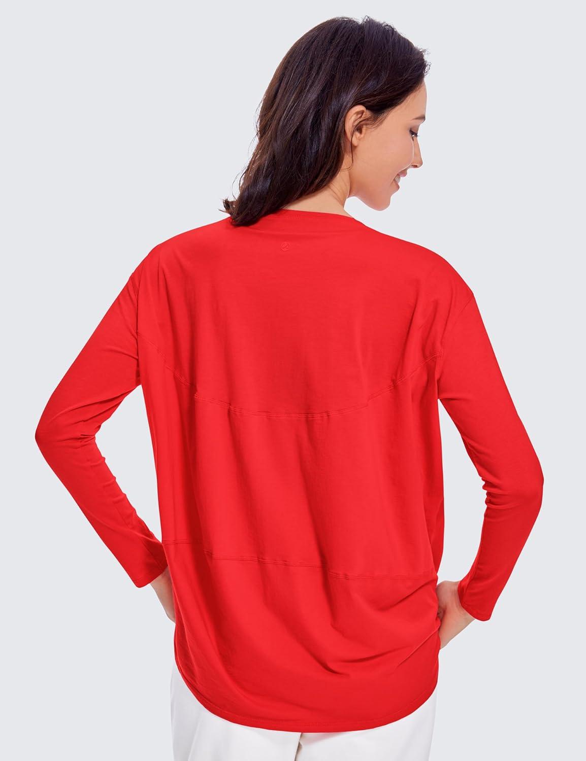 imageCRZ YOGA Pima Cotton Boat Neck Long Sleeve Shirts for Women Workout Athletic Yoga Casual Tops Loose Fit Fall TShirtsDeep Red