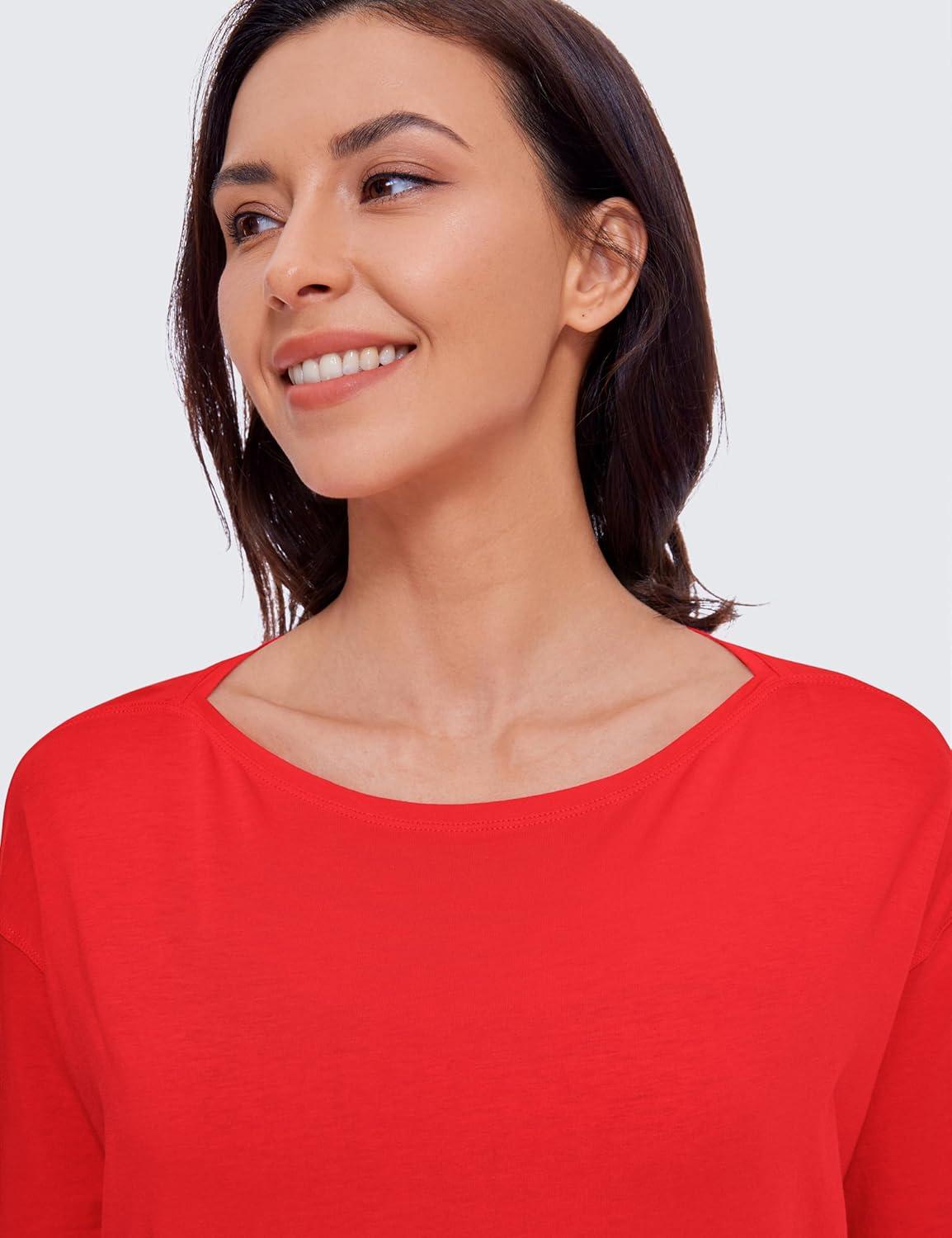 imageCRZ YOGA Pima Cotton Boat Neck Long Sleeve Shirts for Women Workout Athletic Yoga Casual Tops Loose Fit Fall TShirtsDeep Red