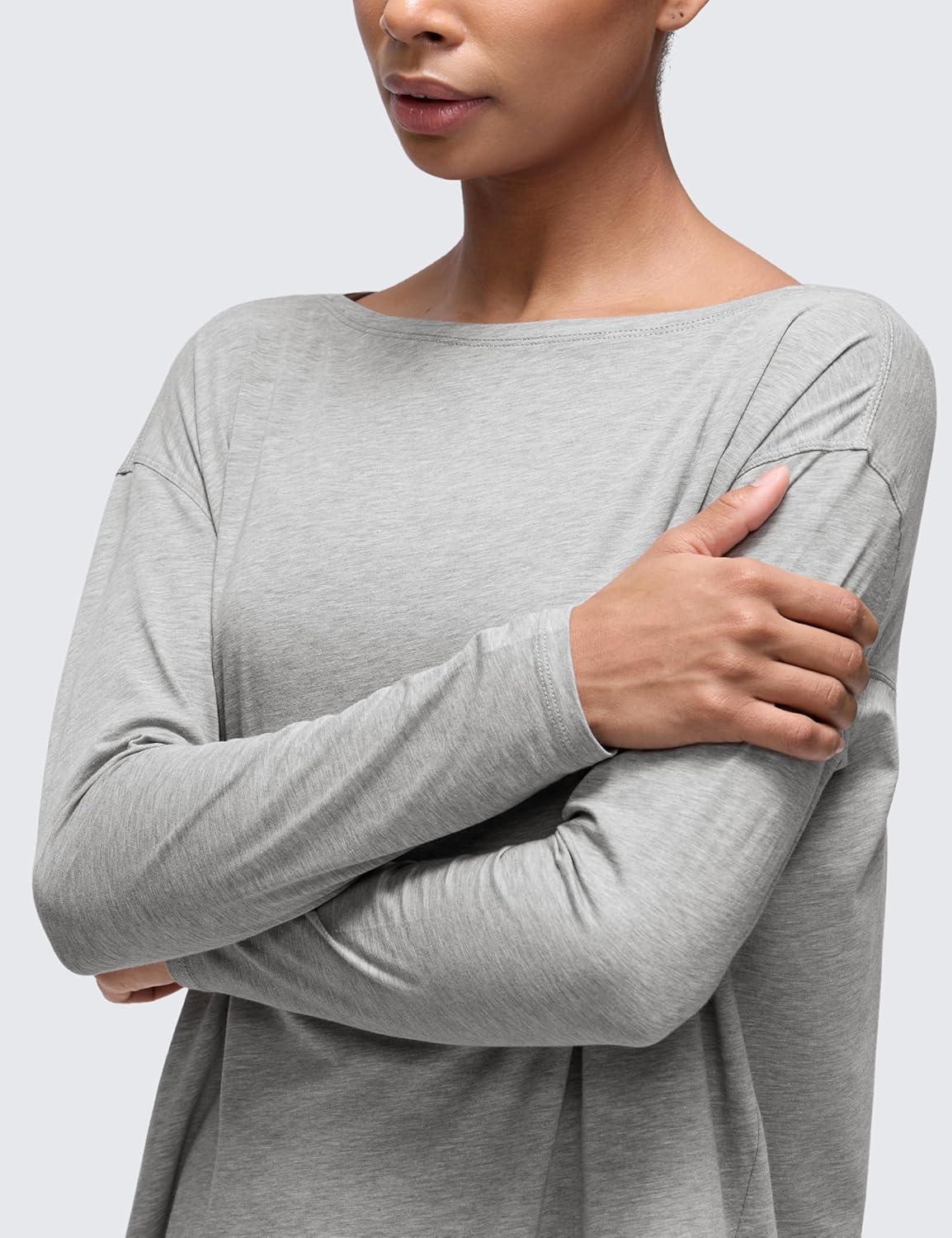 imageCRZ YOGA Pima Cotton Boat Neck Long Sleeve Shirts for Women Workout Athletic Yoga Casual Tops Loose Fit Fall TShirtsHeathered Medium Grey