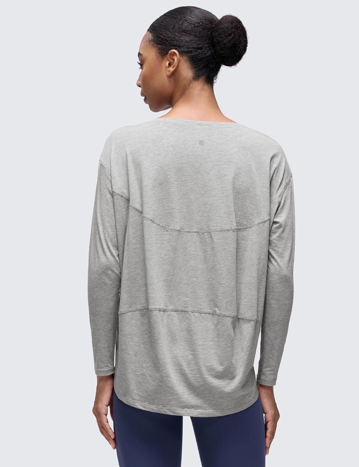 imageCRZ YOGA Pima Cotton Boat Neck Long Sleeve Shirts for Women Workout Athletic Yoga Casual Tops Loose Fit Fall TShirtsHeathered Medium Grey