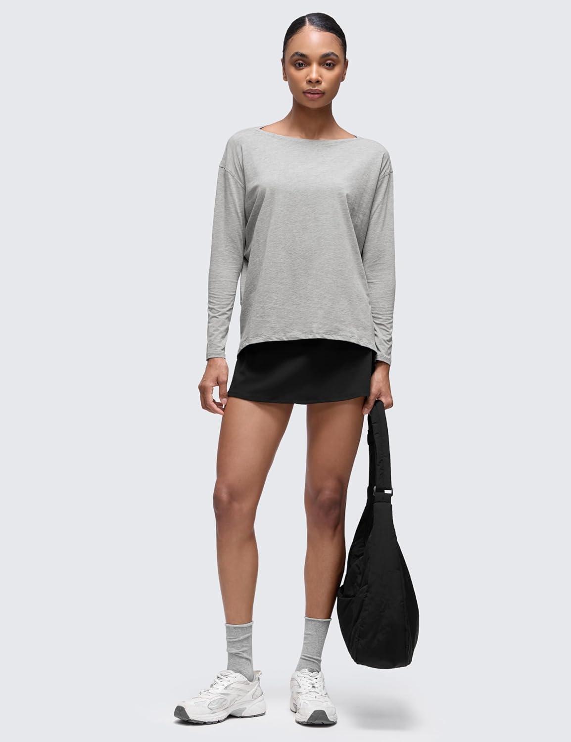 imageCRZ YOGA Pima Cotton Boat Neck Long Sleeve Shirts for Women Workout Athletic Yoga Casual Tops Loose Fit Fall TShirtsHeathered Medium Grey