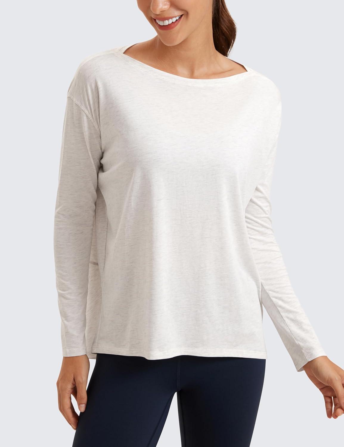 imageCRZ YOGA Pima Cotton Boat Neck Long Sleeve Shirts for Women Workout Athletic Yoga Casual Tops Loose Fit Fall TShirtsIce GreyWhite