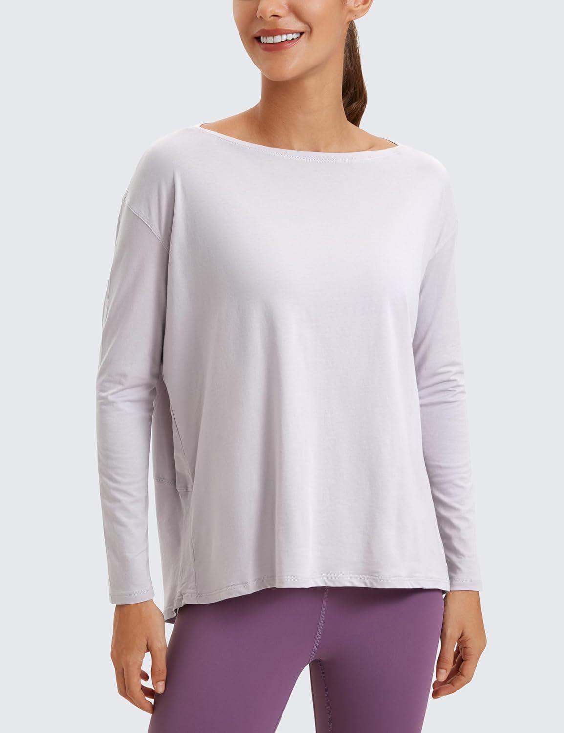 imageCRZ YOGA Pima Cotton Boat Neck Long Sleeve Shirts for Women Workout Athletic Yoga Casual Tops Loose Fit Fall TShirtsIced Iris