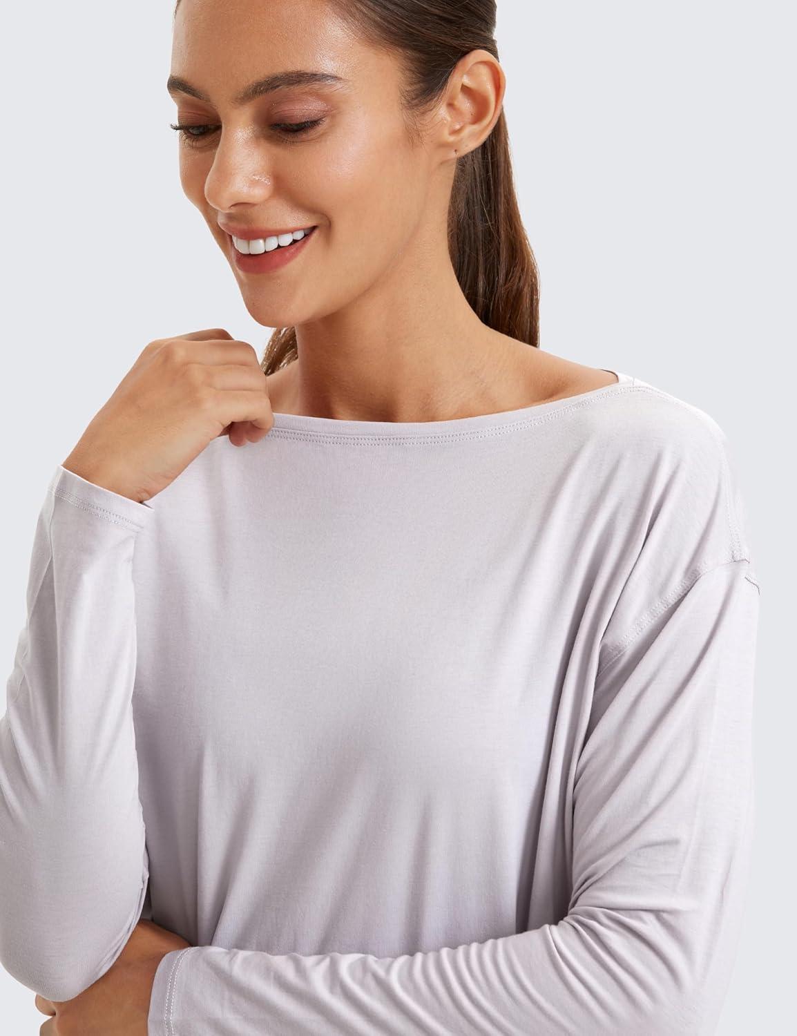 imageCRZ YOGA Pima Cotton Boat Neck Long Sleeve Shirts for Women Workout Athletic Yoga Casual Tops Loose Fit Fall TShirtsIced Iris