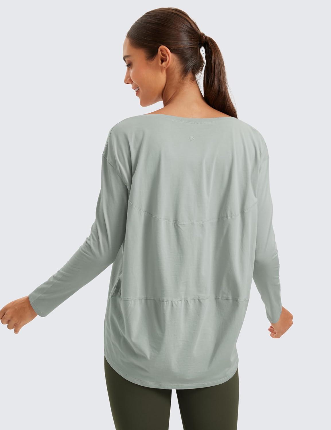 imageCRZ YOGA Pima Cotton Boat Neck Long Sleeve Shirts for Women Workout Athletic Yoga Casual Tops Loose Fit Fall TShirtsJade Grey