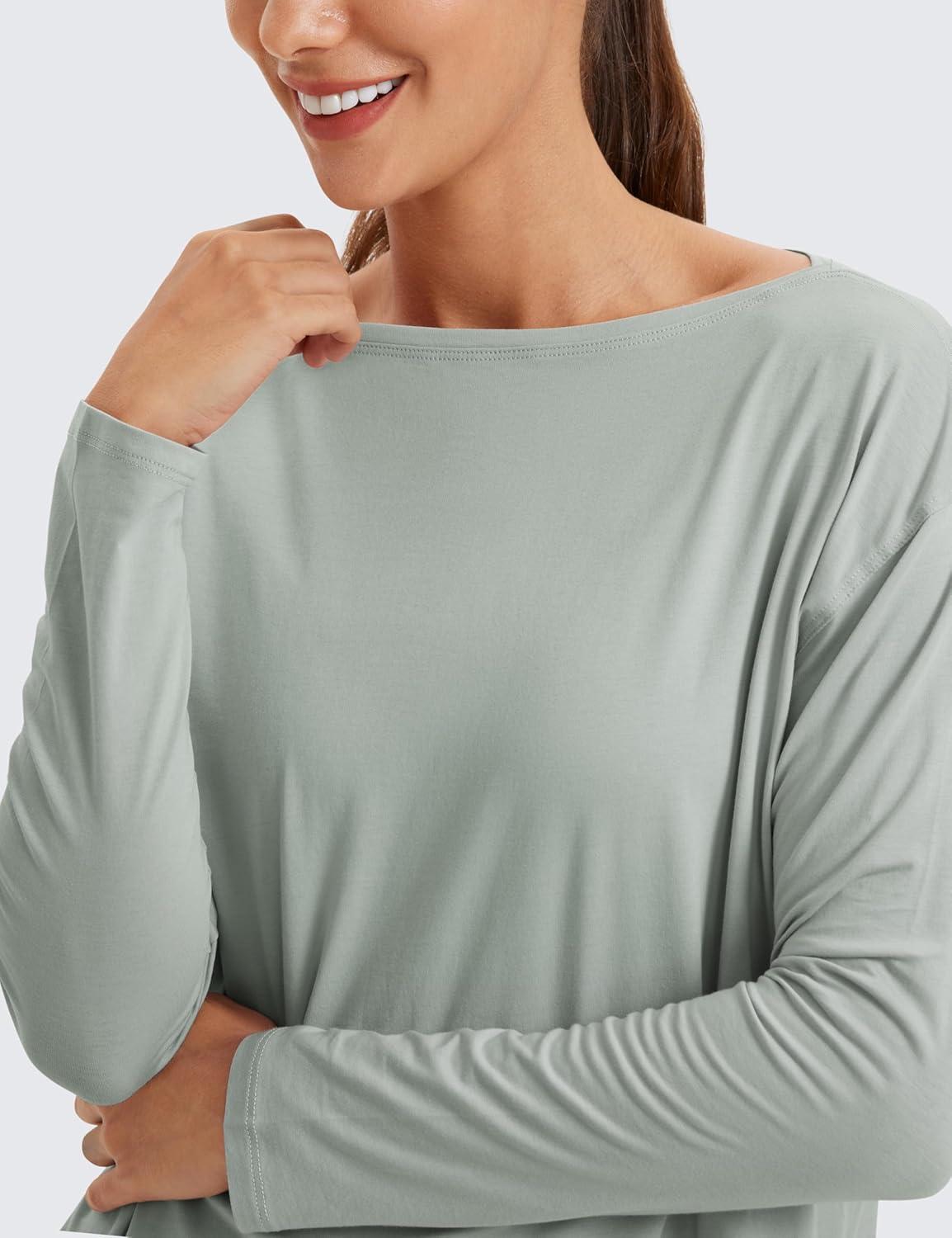 imageCRZ YOGA Pima Cotton Boat Neck Long Sleeve Shirts for Women Workout Athletic Yoga Casual Tops Loose Fit Fall TShirtsJade Grey