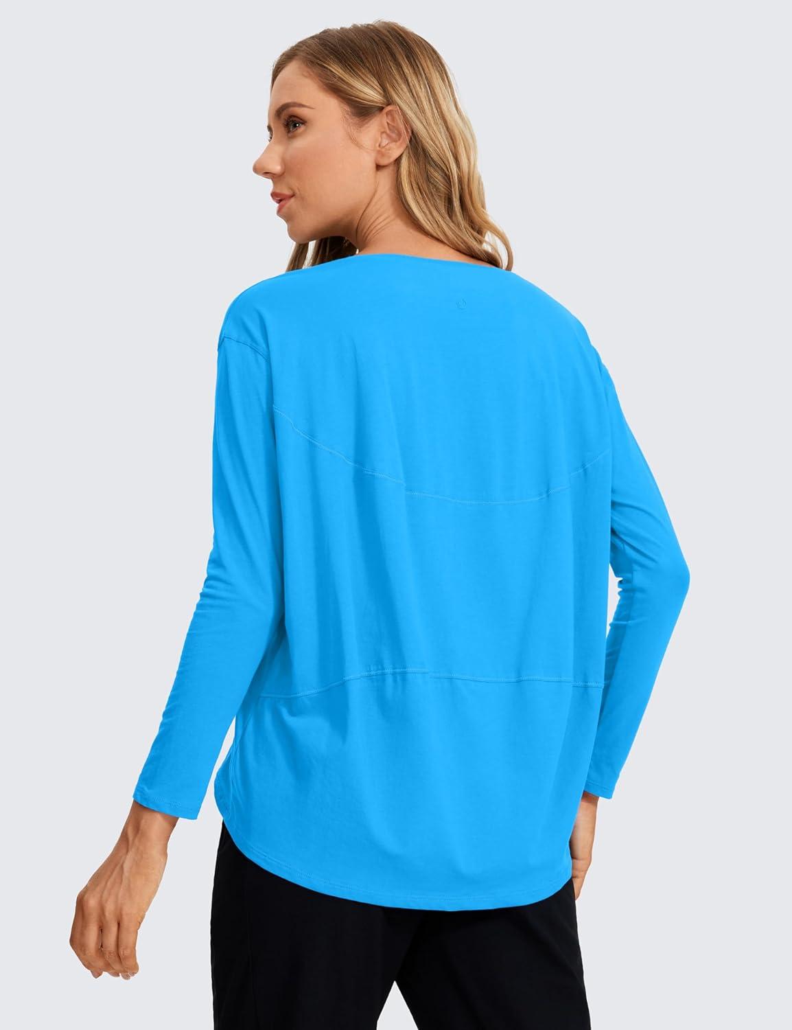 imageCRZ YOGA Pima Cotton Boat Neck Long Sleeve Shirts for Women Workout Athletic Yoga Casual Tops Loose Fit Fall TShirtsMadagascar Blue