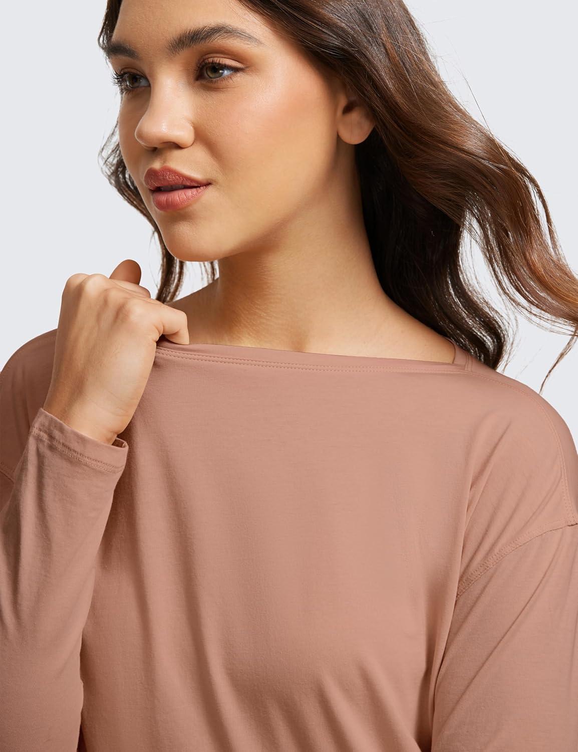imageCRZ YOGA Pima Cotton Boat Neck Long Sleeve Shirts for Women Workout Athletic Yoga Casual Tops Loose Fit Fall TShirtsMocha Mousse