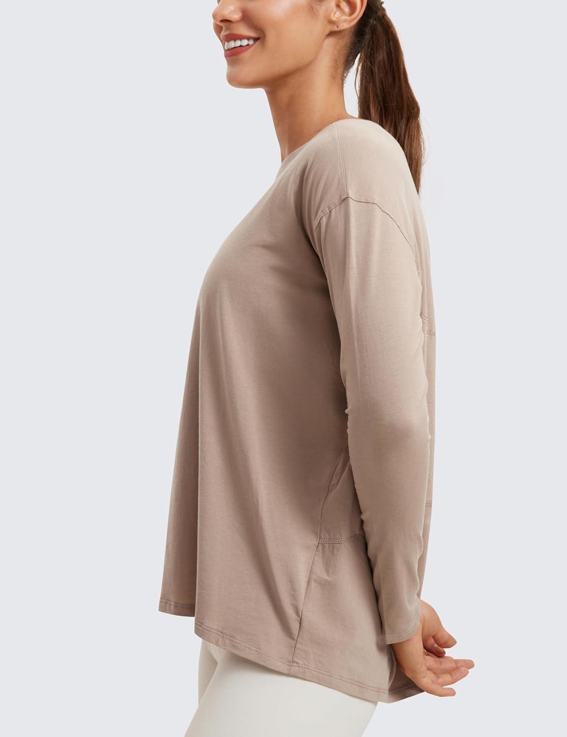 imageCRZ YOGA Pima Cotton Boat Neck Long Sleeve Shirts for Women Workout Athletic Yoga Casual Tops Loose Fit Fall TShirtsMortar Color