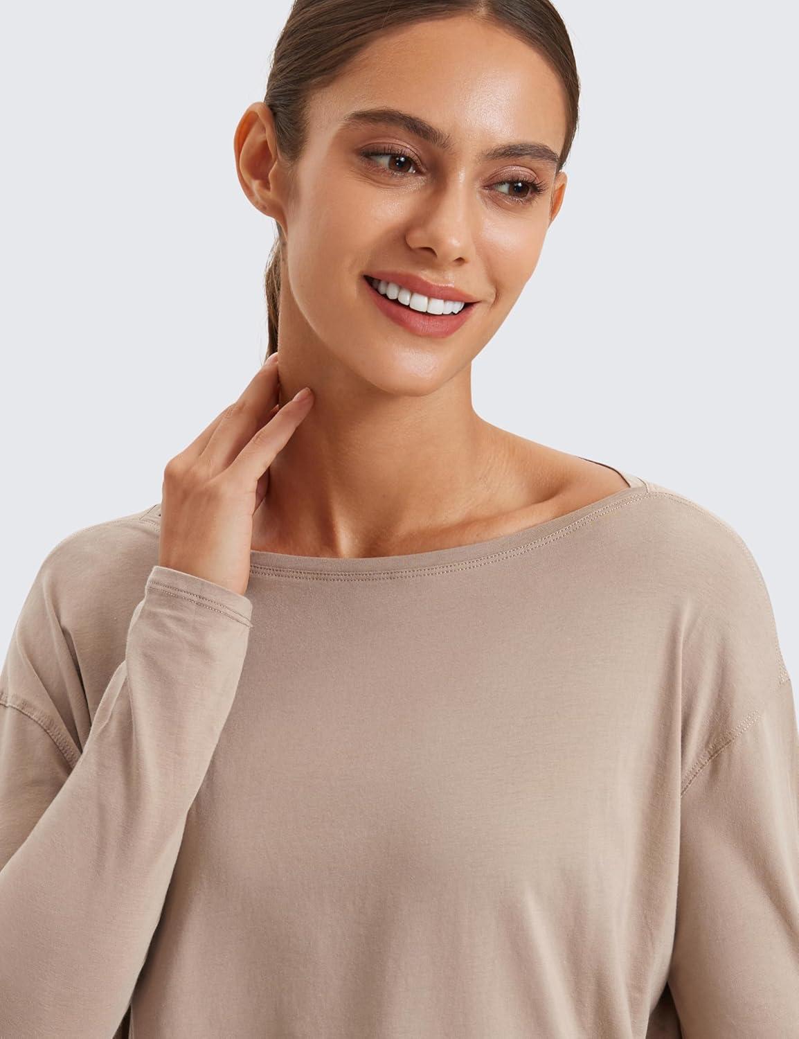 imageCRZ YOGA Pima Cotton Boat Neck Long Sleeve Shirts for Women Workout Athletic Yoga Casual Tops Loose Fit Fall TShirtsMortar Color