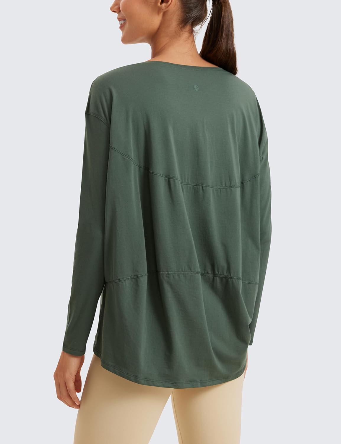 imageCRZ YOGA Pima Cotton Boat Neck Long Sleeve Shirts for Women Workout Athletic Yoga Casual Tops Loose Fit Fall TShirtsNature Green