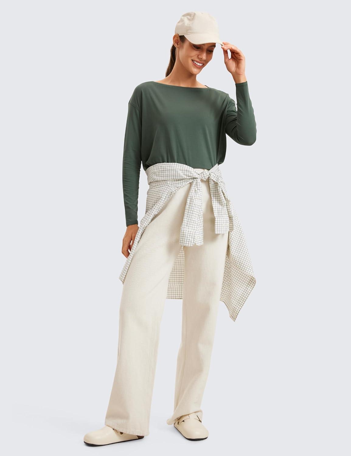 imageCRZ YOGA Pima Cotton Boat Neck Long Sleeve Shirts for Women Workout Athletic Yoga Casual Tops Loose Fit Fall TShirtsNature Green