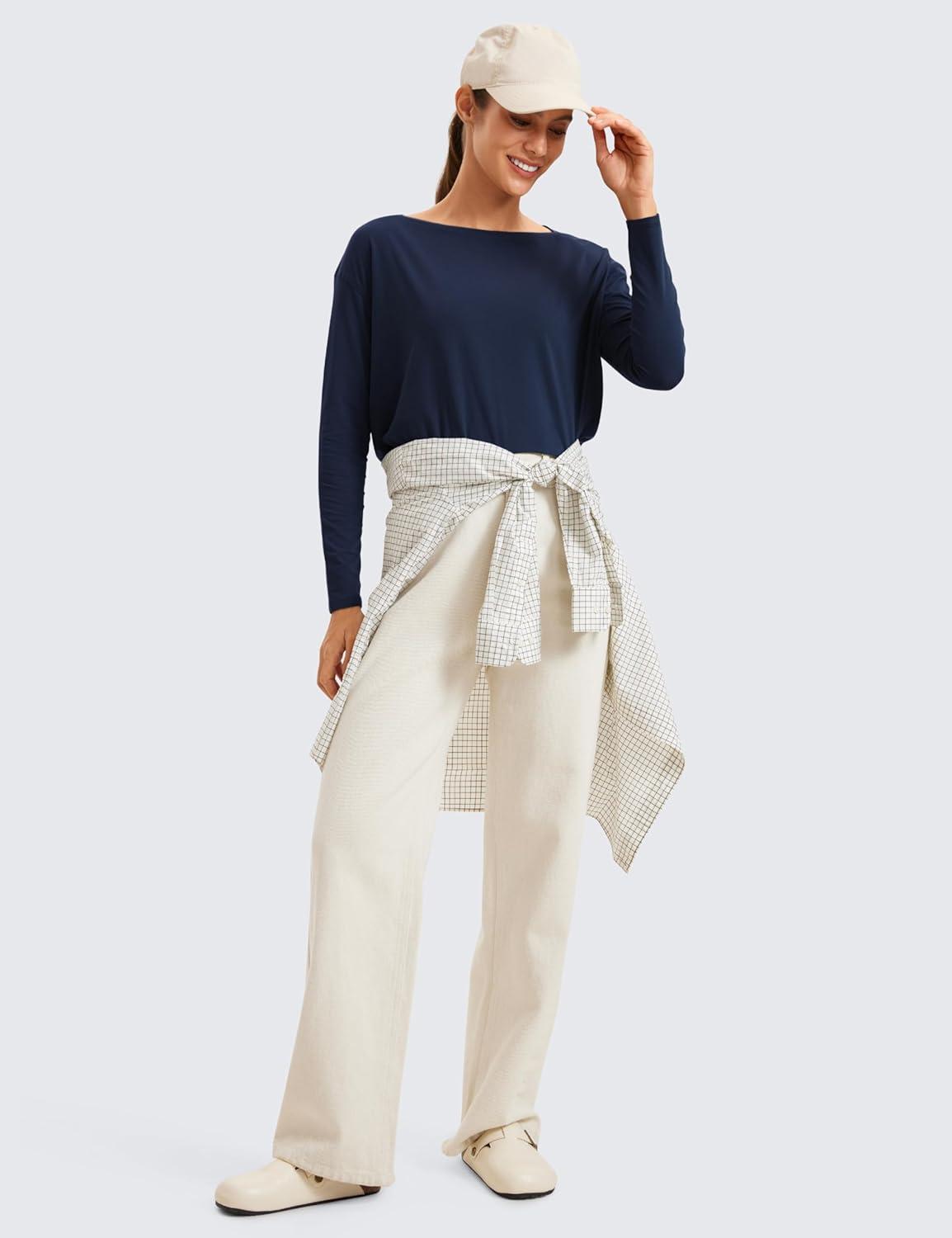 imageCRZ YOGA Pima Cotton Boat Neck Long Sleeve Shirts for Women Workout Athletic Yoga Casual Tops Loose Fit Fall TShirtsNavy