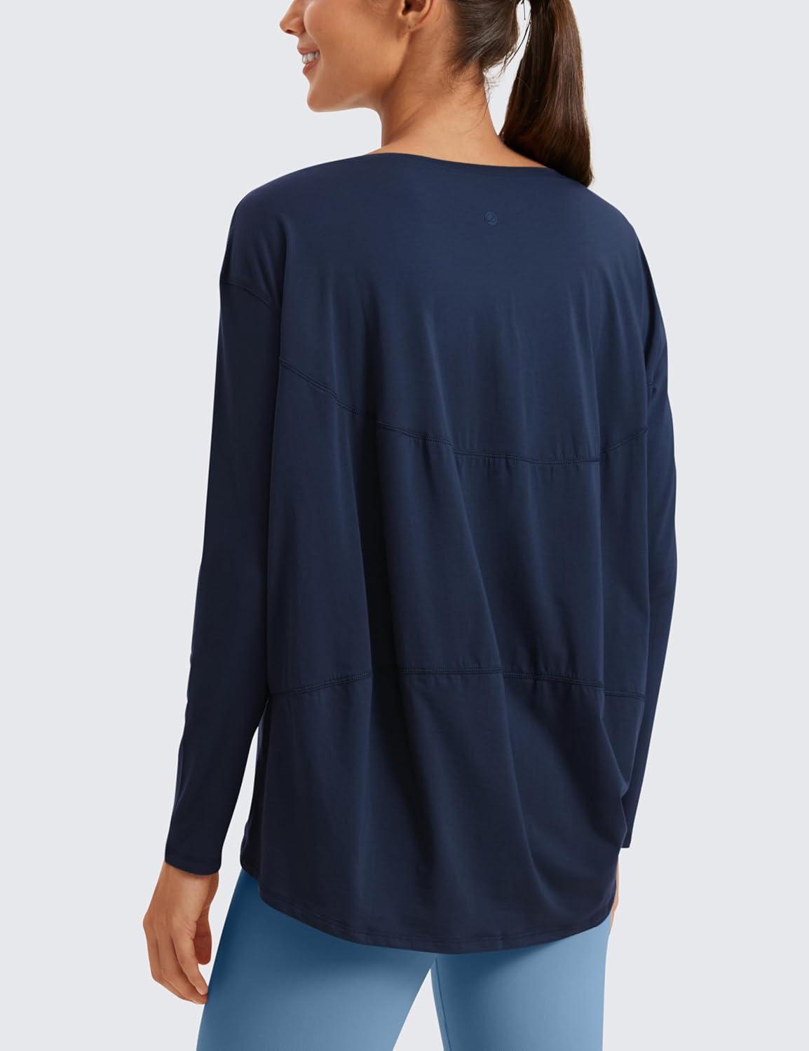 imageCRZ YOGA Pima Cotton Boat Neck Long Sleeve Shirts for Women Workout Athletic Yoga Casual Tops Loose Fit Fall TShirtsNavy
