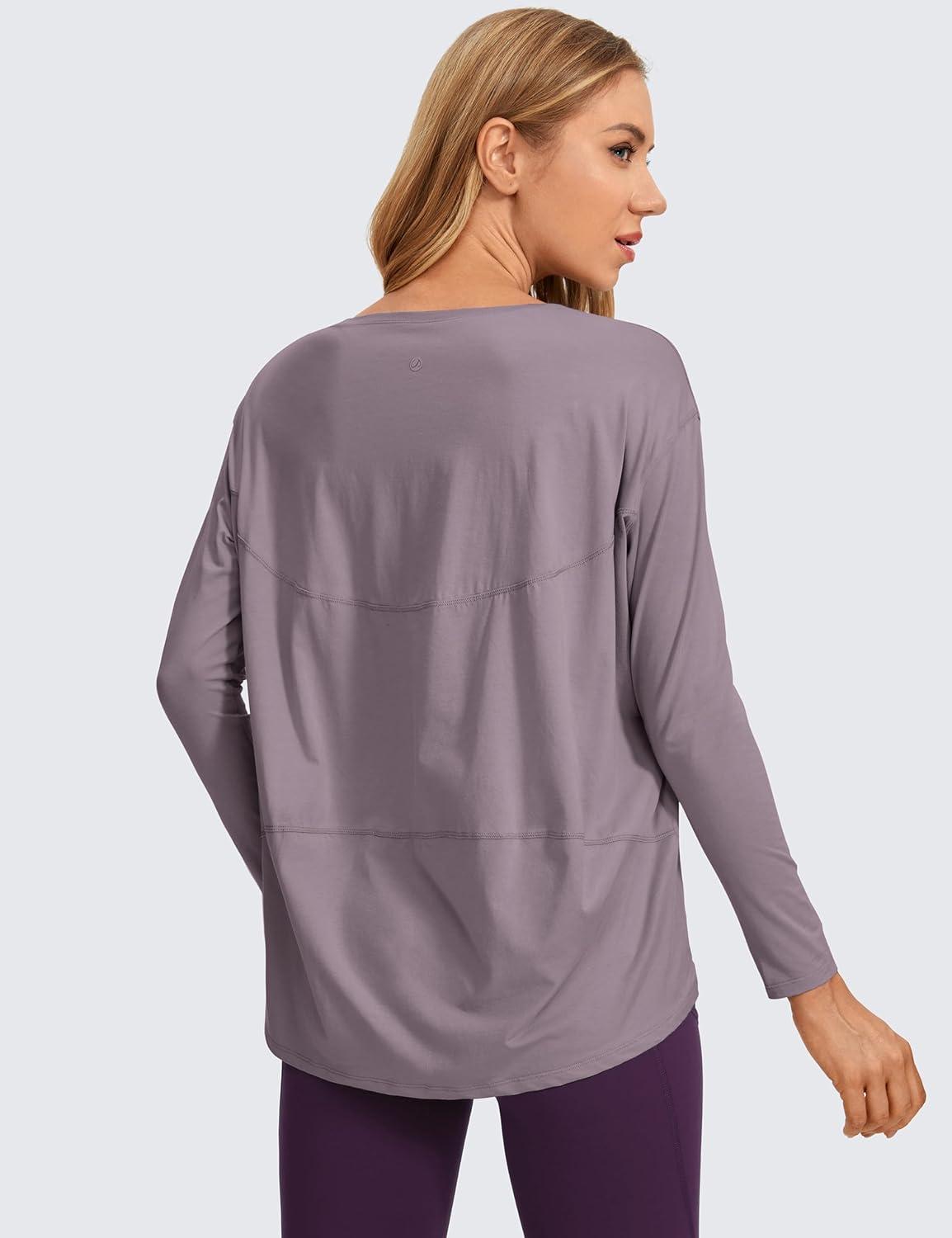 imageCRZ YOGA Pima Cotton Boat Neck Long Sleeve Shirts for Women Workout Athletic Yoga Casual Tops Loose Fit Fall TShirtsPurple Gray