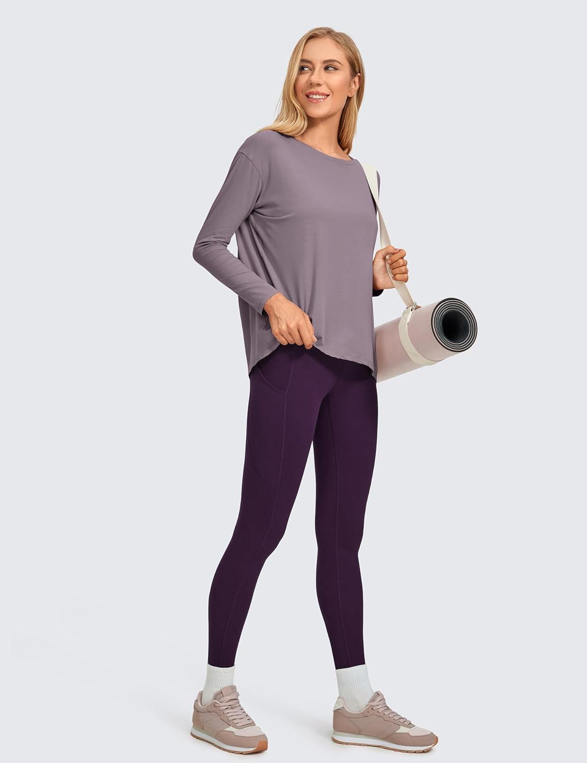 imageCRZ YOGA Pima Cotton Boat Neck Long Sleeve Shirts for Women Workout Athletic Yoga Casual Tops Loose Fit Fall TShirtsPurple Gray