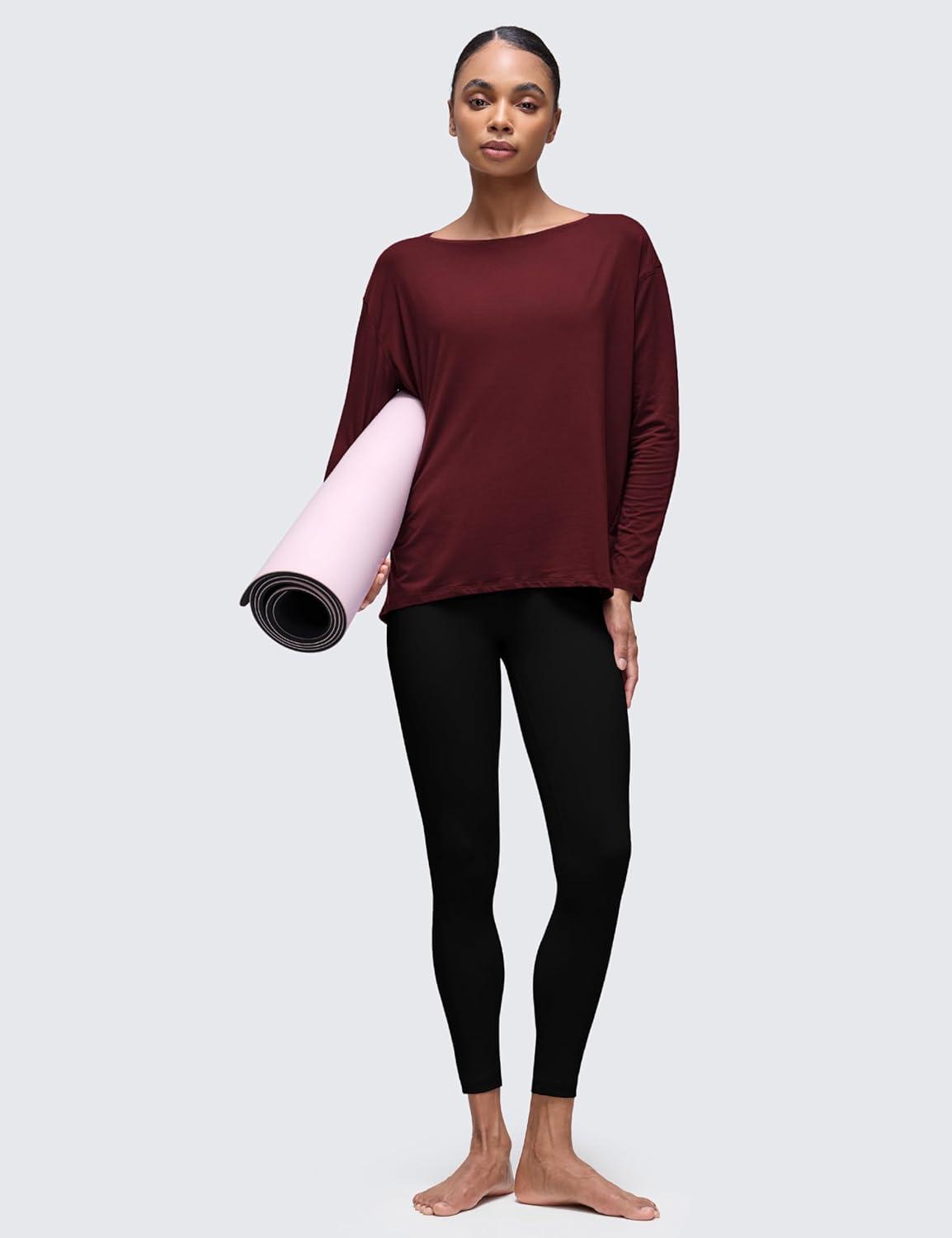 imageCRZ YOGA Pima Cotton Boat Neck Long Sleeve Shirts for Women Workout Athletic Yoga Casual Tops Loose Fit Fall TShirtsRed Merlot