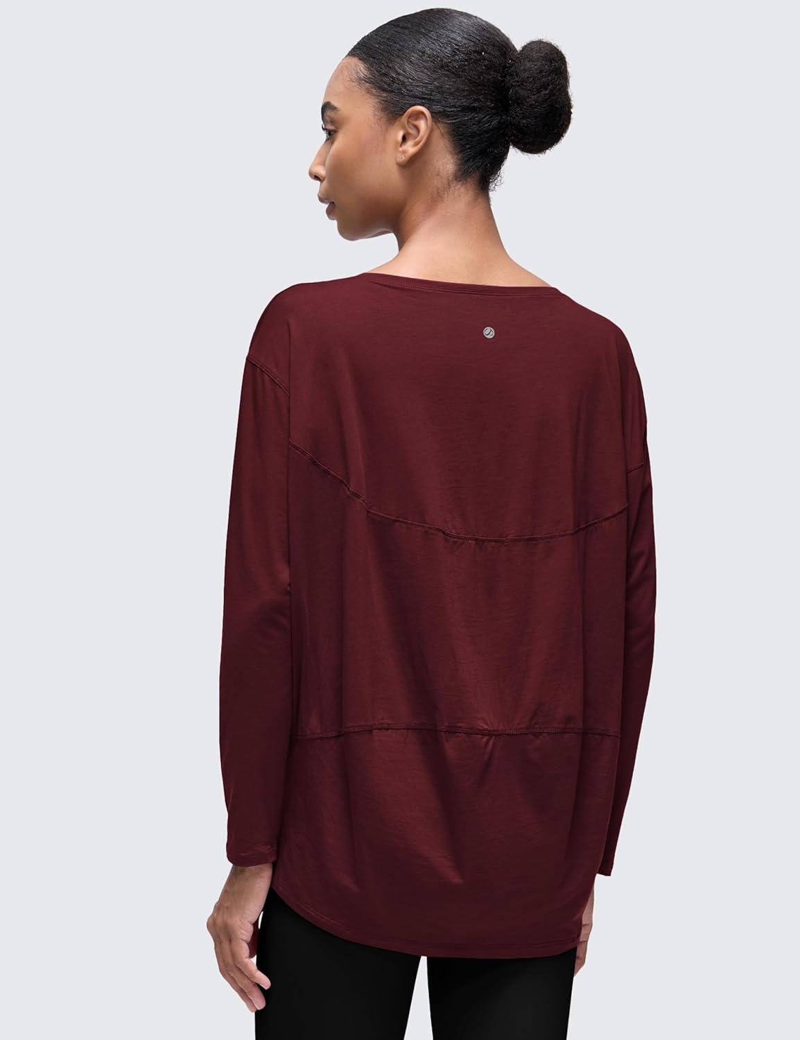 imageCRZ YOGA Pima Cotton Boat Neck Long Sleeve Shirts for Women Workout Athletic Yoga Casual Tops Loose Fit Fall TShirtsRed Merlot