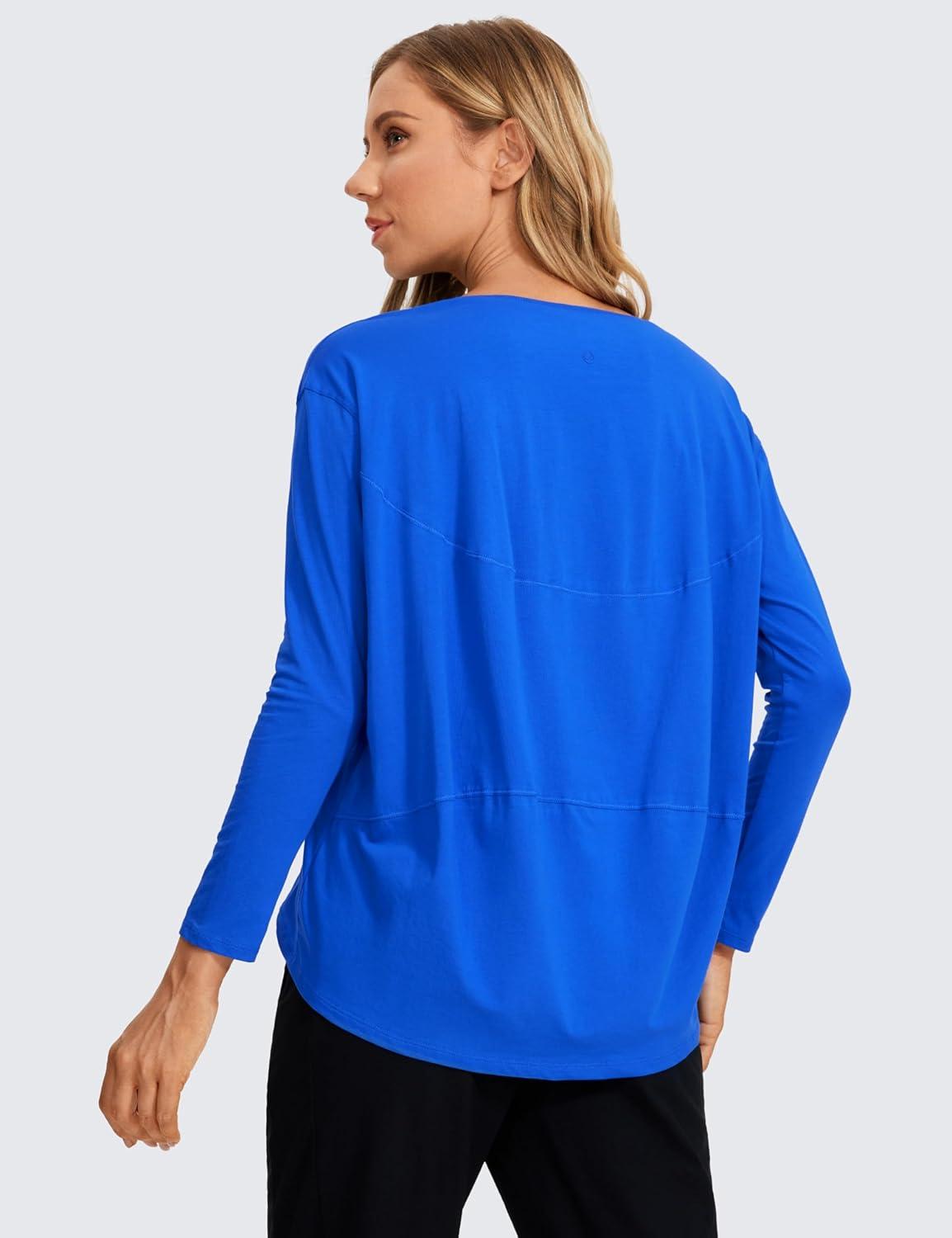 imageCRZ YOGA Pima Cotton Boat Neck Long Sleeve Shirts for Women Workout Athletic Yoga Casual Tops Loose Fit Fall TShirtsStrong Blue