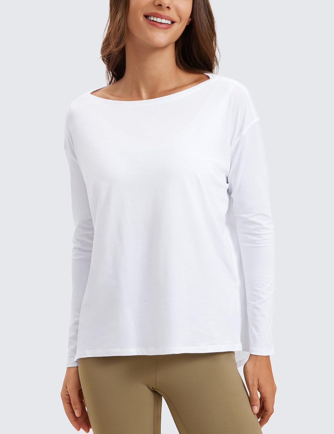 imageCRZ YOGA Pima Cotton Boat Neck Long Sleeve Shirts for Women Workout Athletic Yoga Casual Tops Loose Fit Fall TShirtsWhite
