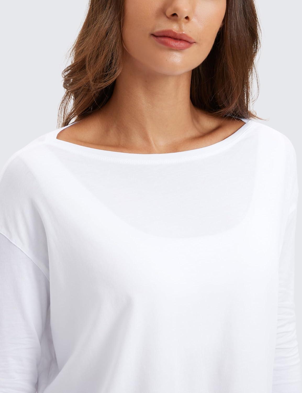 imageCRZ YOGA Pima Cotton Boat Neck Long Sleeve Shirts for Women Workout Athletic Yoga Casual Tops Loose Fit Fall TShirtsWhite